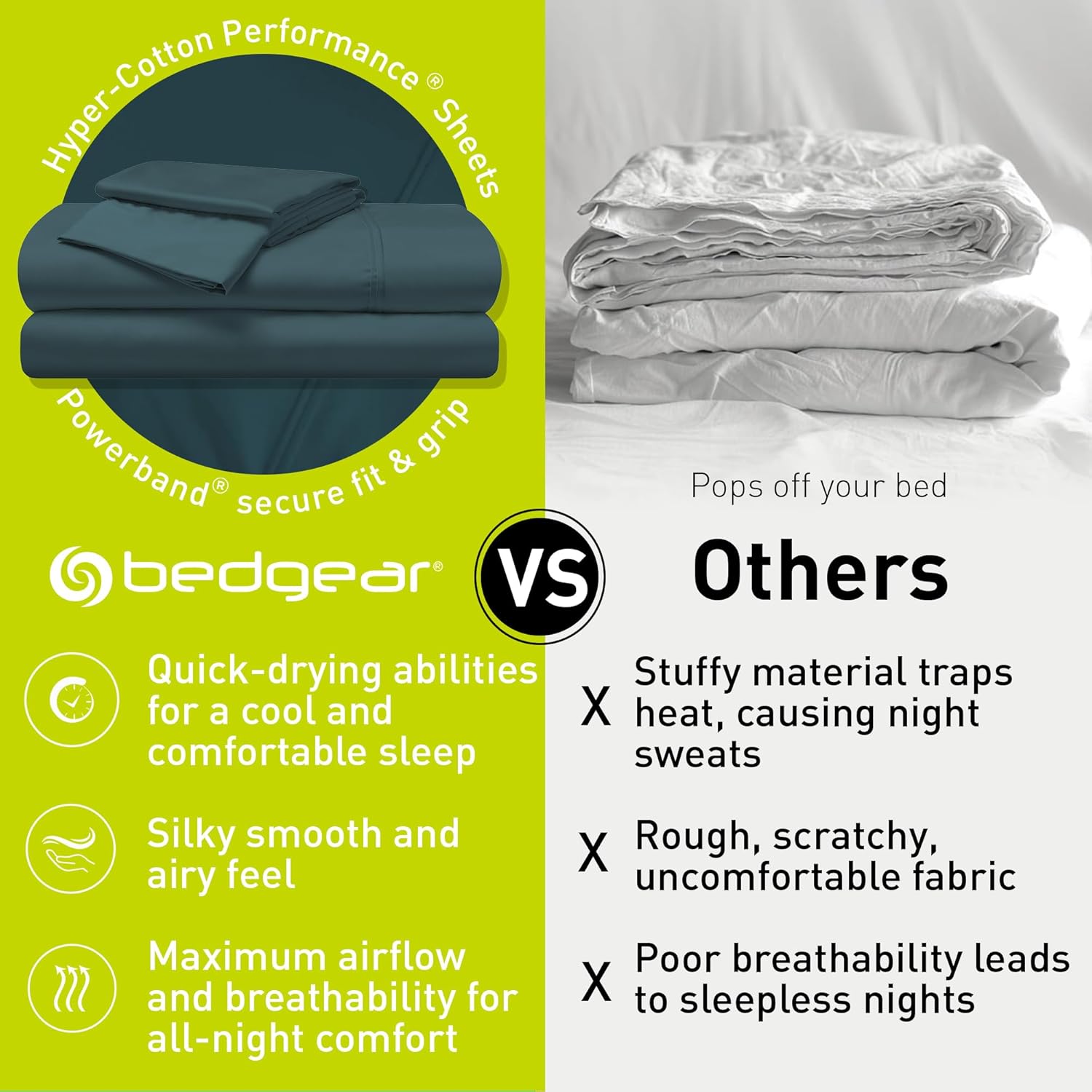 Bedgear Hyper-Cotton Bed Sheet Set – Breathable, Cooling, Quick-Drying, Soft Bedding – Fitted Sheet, Flat Sheet, 2 Pillowcases – 60% Rayon from Bamboo, 40% Cotton Blend Bed Sheets, Queen, Deep Teal