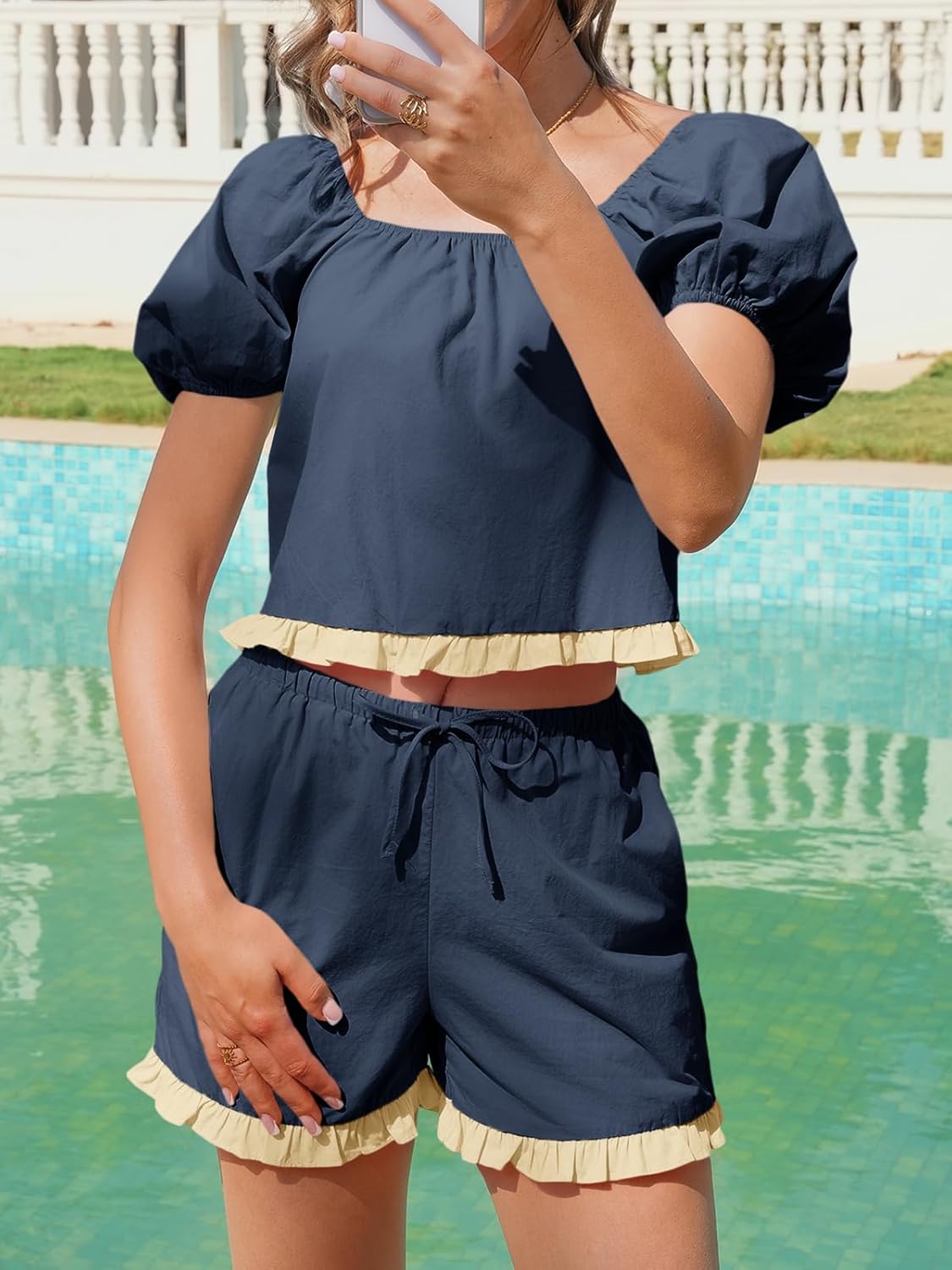 Tankaneo Womens 2 Piece Short Sets Summer Puff Sleeve Square Neck Babydoll Tops Cute Lounge Set Cotton Vacation Outfits - Image 5