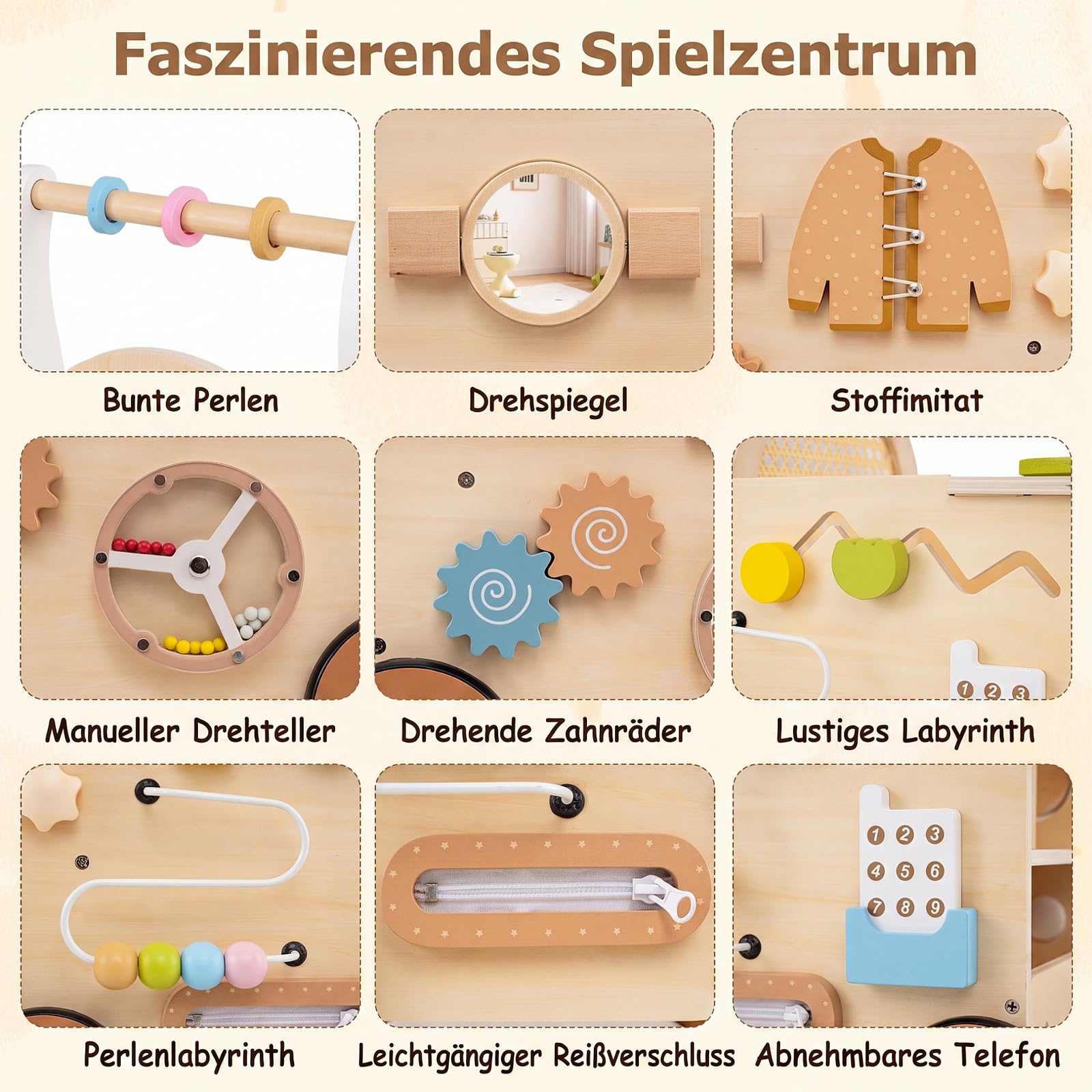 COSTWAY Montessori Baby wózek do nauki chodzenia z drewna, wielofunkcyjny | Baby Walker z wielofunkcyjnym centrum aktywności, zabawka do biegania z kółkami i schowkiem, dla chłopców i dziewczynek od 1