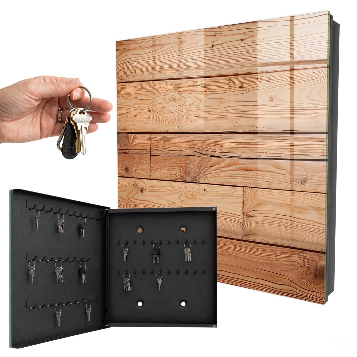 Portachiavi da muro 30x30 cm Tavole di legno Porta Sinistra Nero | Appendiabiti | Bacheca | Vetrinetta | Nicchia | Casellario | Armadio | Gancio | Quadro | Mobiletto | Contenitore | Supporto