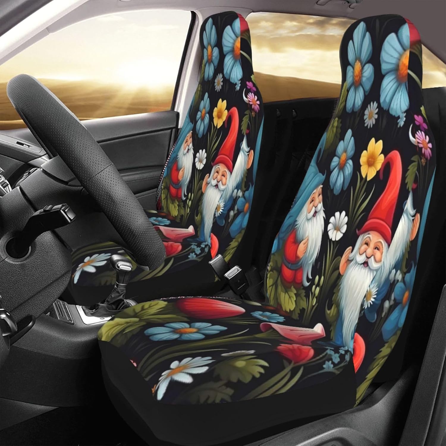 Cute Gnomes Mushroom Flower Car Seat Covers Set of 2 Automotive Seat Cover for Front Seat Protector Universal Fit Most SUV Vans Truck Car Interior Accessories