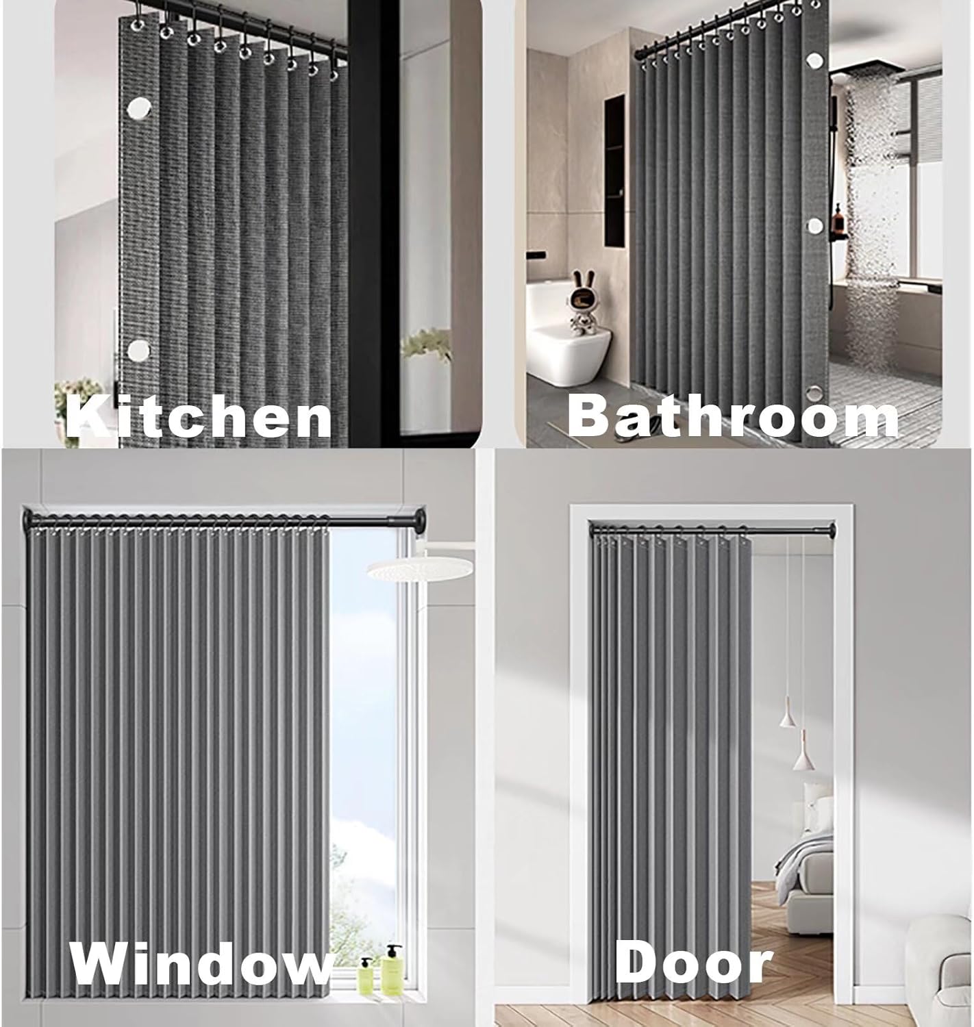 Waterproof Folding Shower Curtain with Hooks, Magnetic Shower Curtain for Bathroom, Thick Linen Shower Curtain for Tub, Grey, 79" x 79"