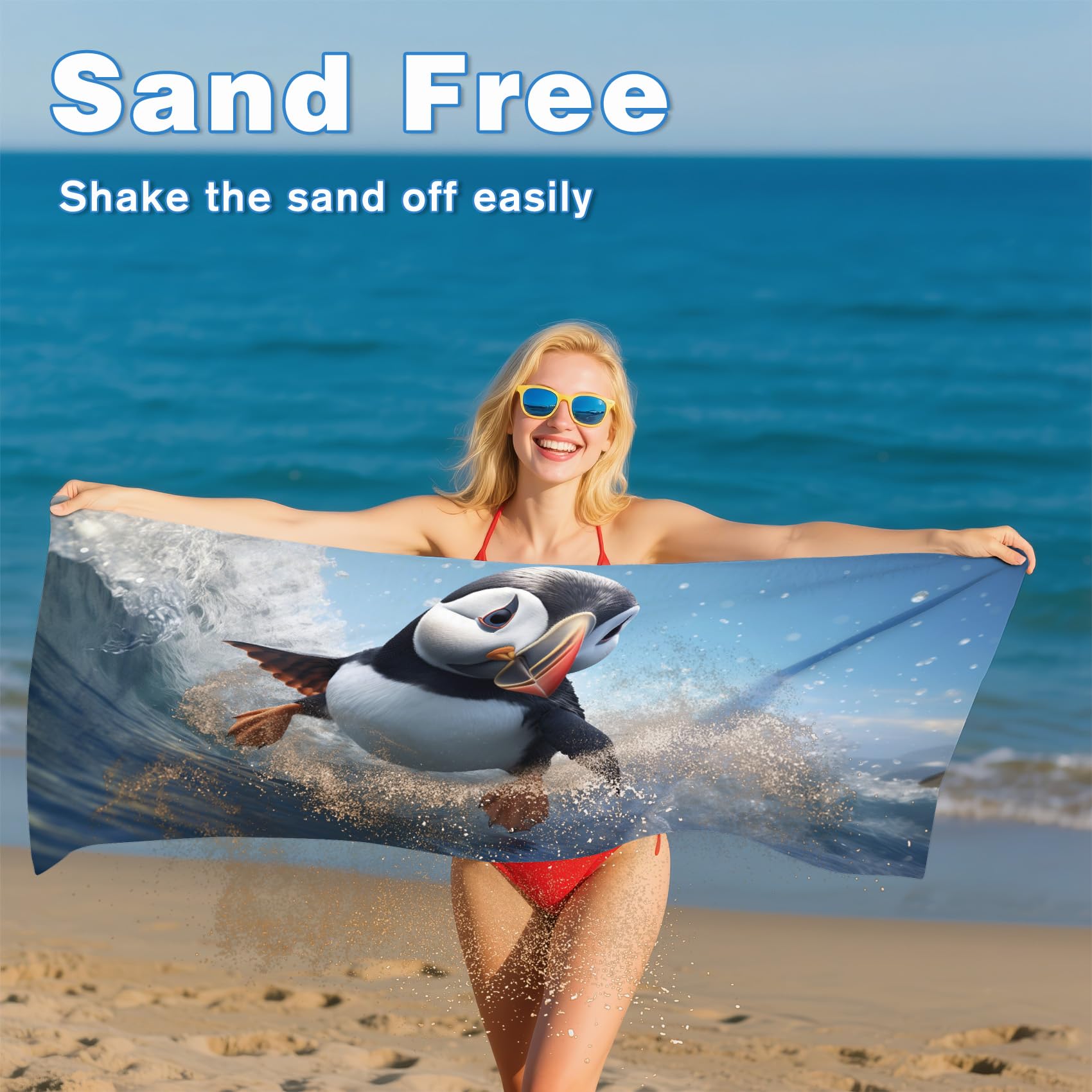 Serviette de Plage XXL Microfibre Macareux Surf, Drap de Plage Séchage Rapide Anti Sable & Légère, Serviette de Bain Grande Taille 100x200 cm, Accessoire & Cadeau été