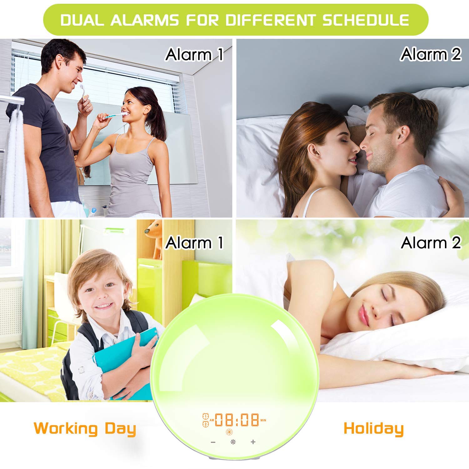 Multifunktionales Licht Smart Clock Tischlampe mit UKW-wecker Schlummerfunktion Nachttischlampe Digitaler Wecker mit Sonnenlichtsimulation