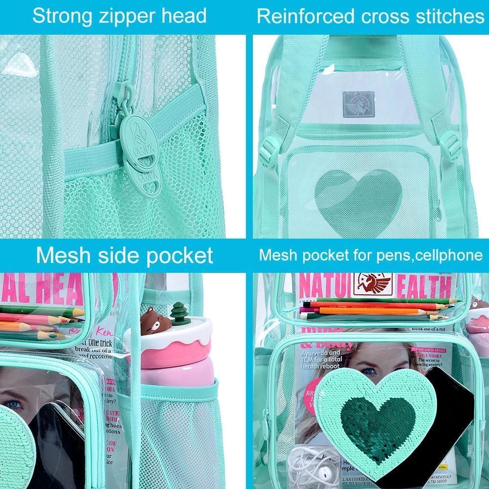 UFNDC 3PCS Clear Backpack Heavy Duty, See Through School Bag for Girls, Sequins Transparent Bookbag for Women thumbnail
