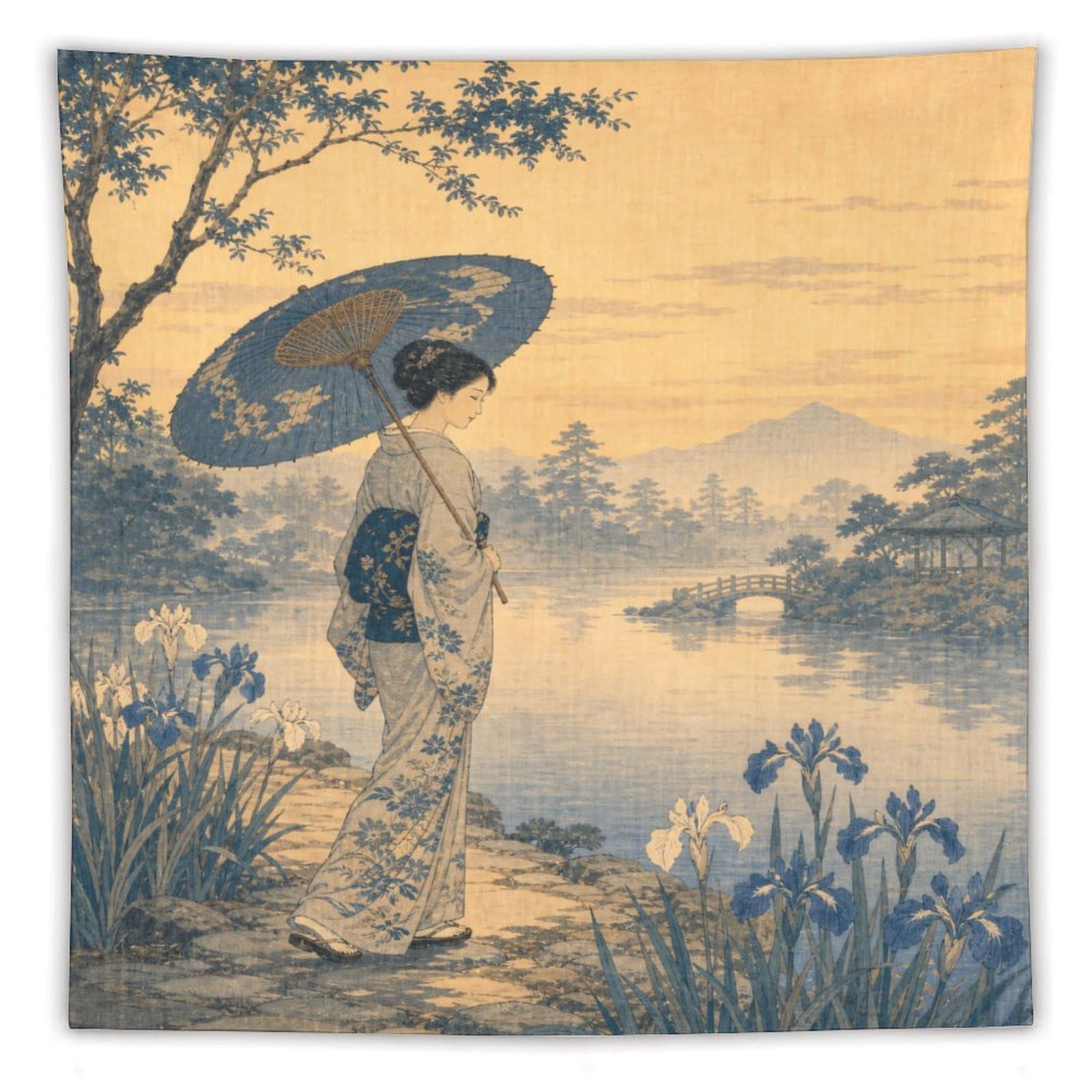 H3B8U2Y5 Woman with Parasol by Lake Wall Tapestry, Ukiyo-e Style, Bedroom