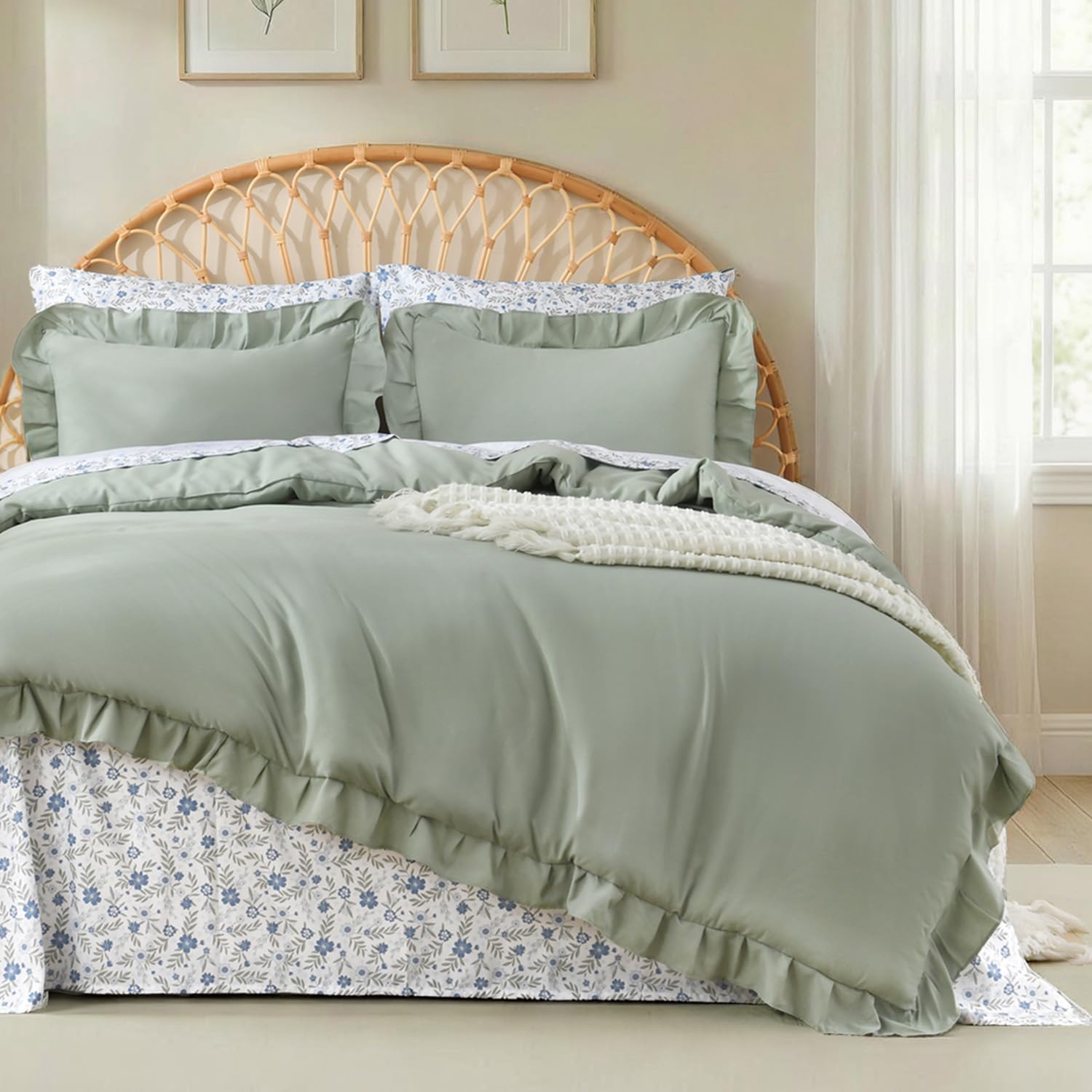 Litanika Queen Size Comforter Sets - 7 Pieces Ruffle Sage Green Bed in a Bag, Soft Farmhouse Bedding Sets with Ruffled Comforter, Floral Sheets, Pillowcases & Shams