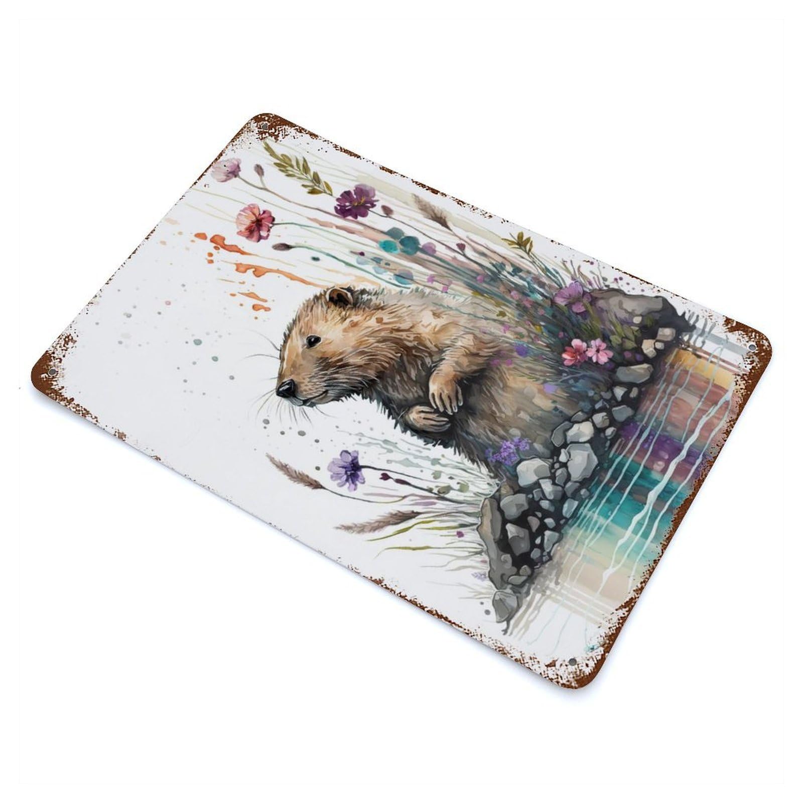 Rust Effect Watercolor Beaver Decorative Tin Sign 11.8"x7.9", Classic Wall Plaque for Pub, Kitchen And Man Cave Decor