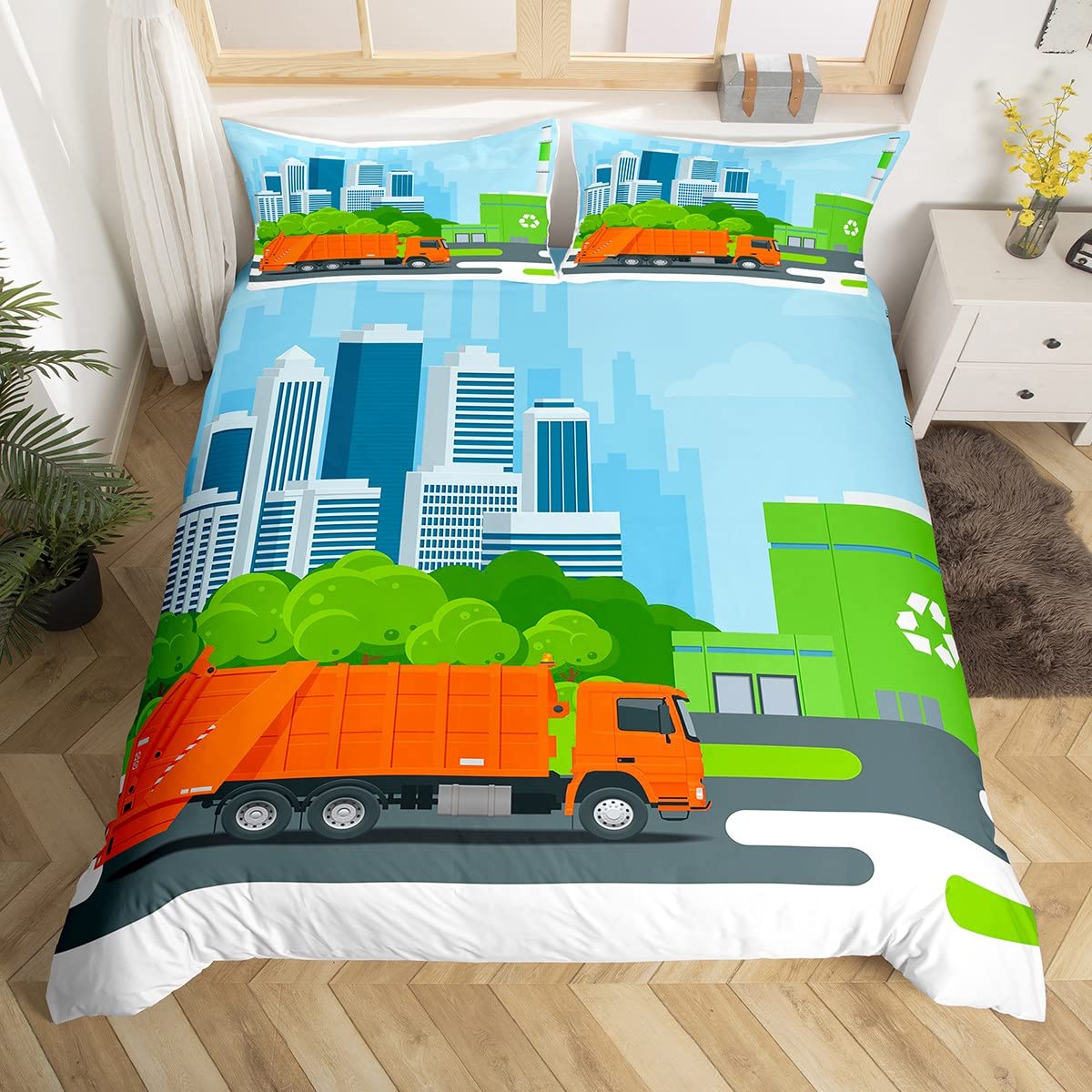 Green Truck Toddler Bedding Set King Size Cartoon Garbage Truck Duvet Cover For Kids Boys Girls Teens Modern Garbage Recycling Equipment Comforter Cover 3Pcs,City Waste Recycling Bedspread Cover โ image 1