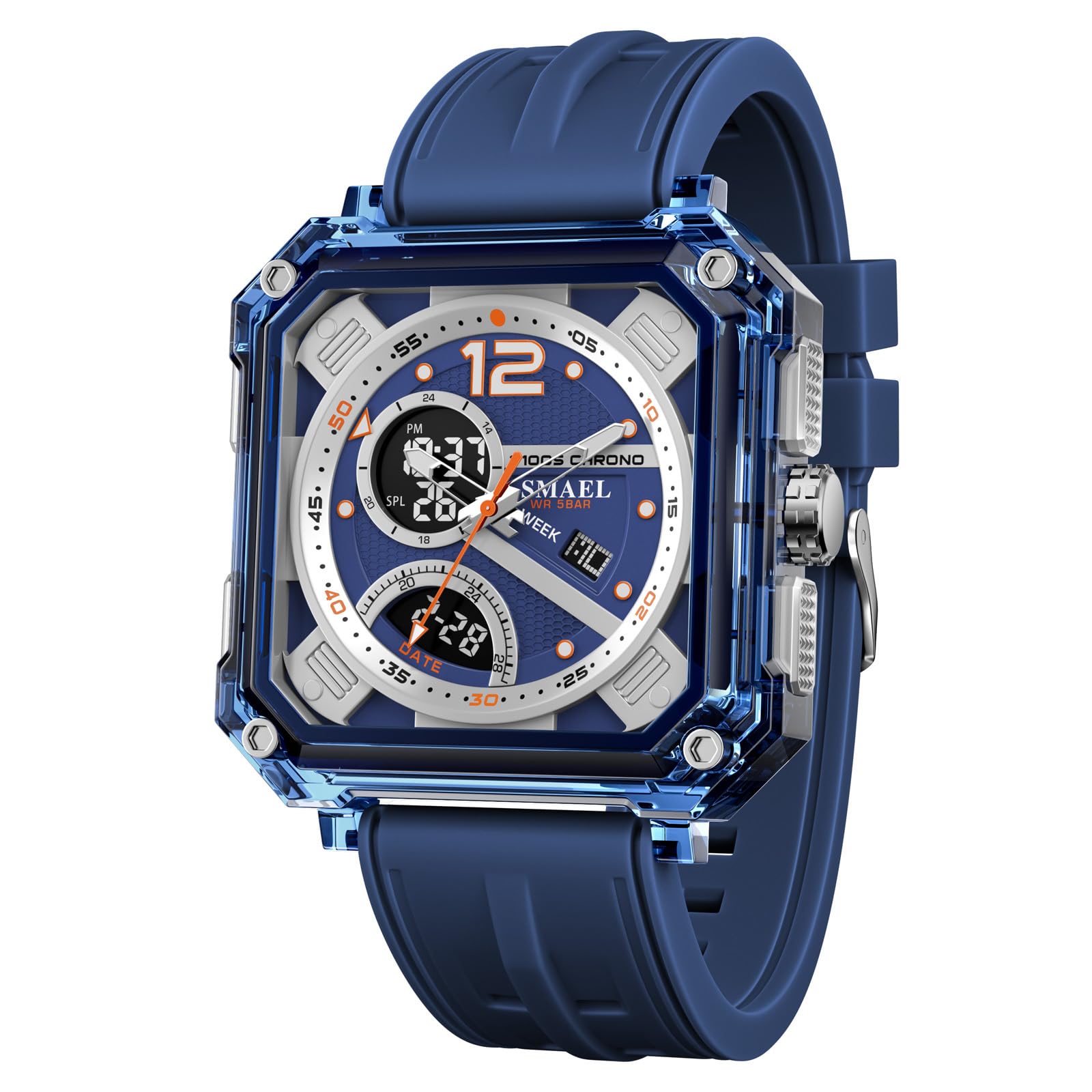 CARLIEN Orologio digitale quadrato trasparente da uomo impermeabile 50M