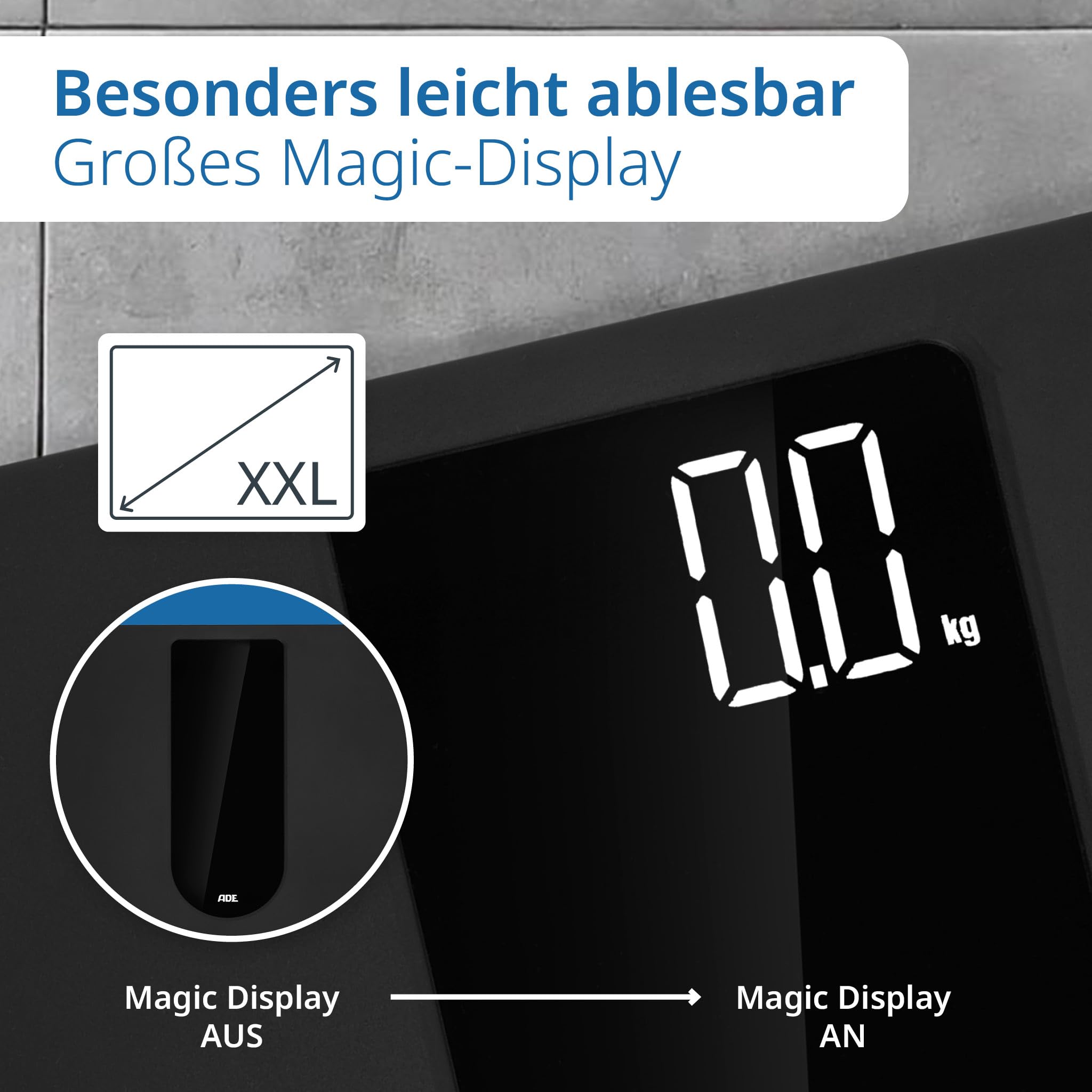 ADE Digitale Personenwaage mit großem LED-Display | rutschfeste Wiegefläche aus Sicherheitsglas | genaues Wiegeergebnis in 100-g-Schritten | elegante schwarz matte Oberfläche | bis 180 kg