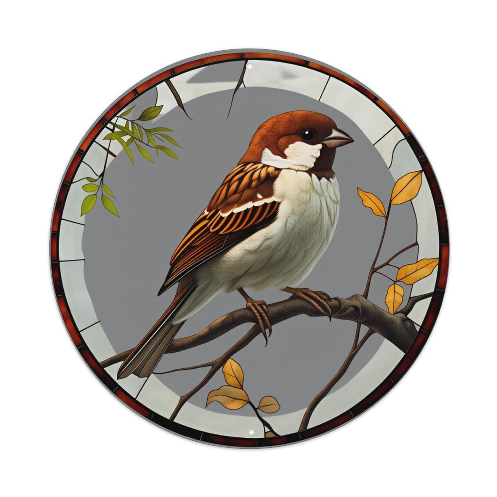 Bird On Branch With Leaves Round Tin Sign Vintage Metal Poster Retro Bar, Home, Man Cave, Kitchen, Laundry Room Wall Art Decor Gift 8x8Inch