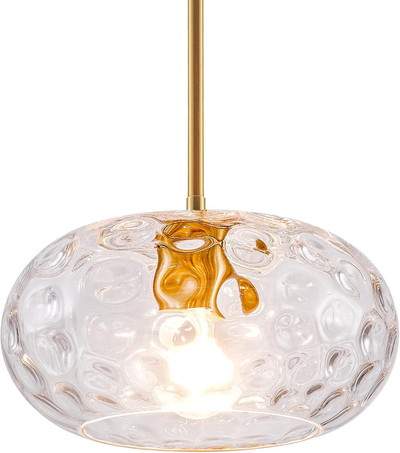 Large Glass Pendant Lighting, Hammered Lampshade Chandelier with Height Adjustable Hanging Rods, Brass Gold Chandelier for Dining Living Room Kitchen Island (Clear, 11 Inch)