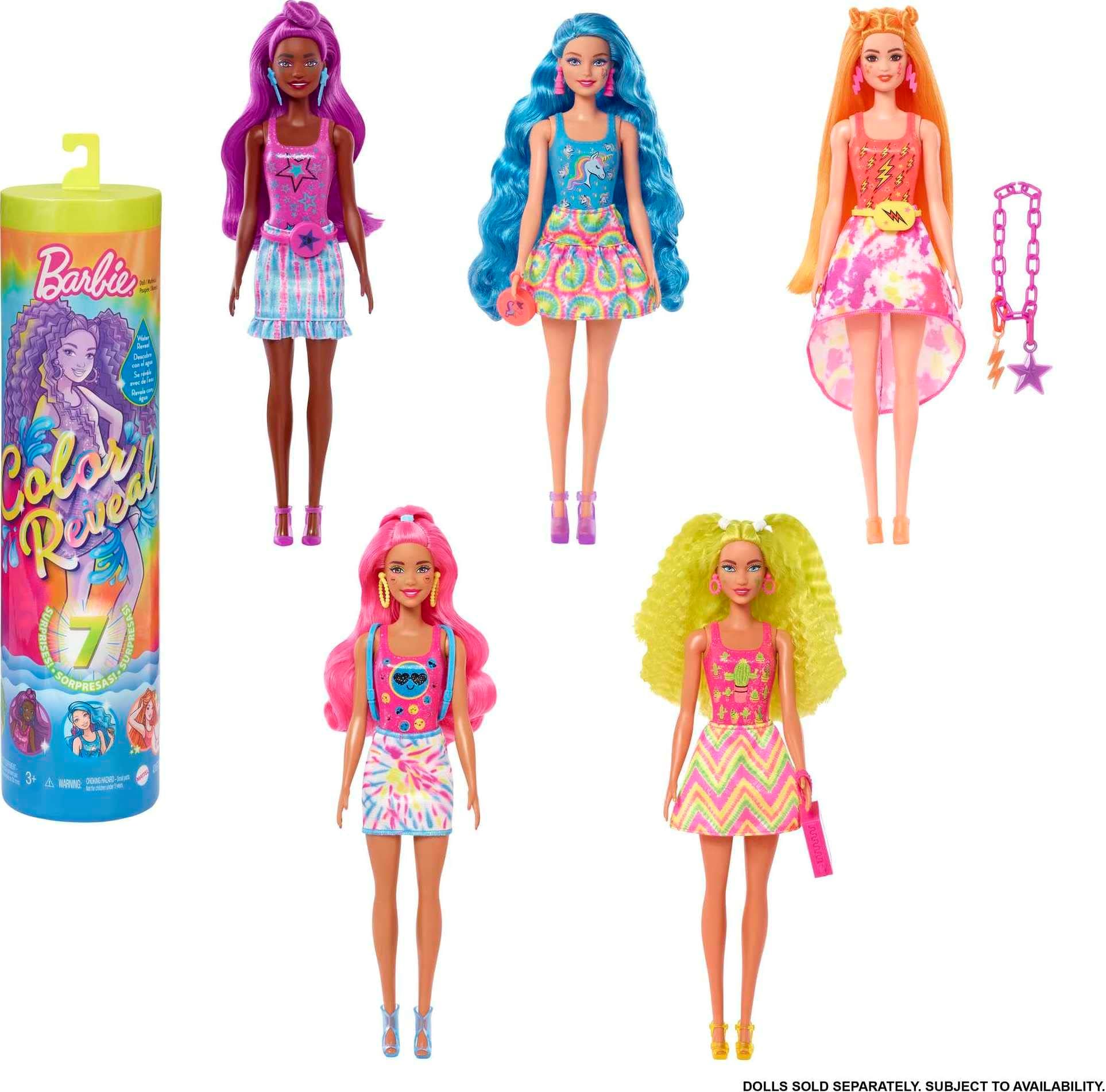 Barbie Color Reveal Doll Accessories, Neon Tie-Dye Series, 7 Surprises, 1 Doll (Styles May Vary).