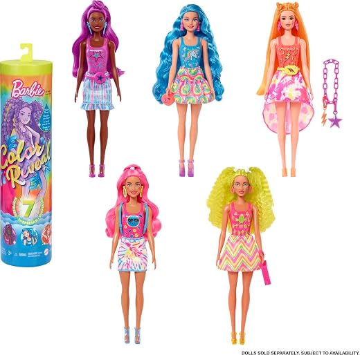 Barbie Color Reveal Doll Accessories, Neon Tie-Dye Series, 7 Surprises, 1 Doll (Styles May Vary).