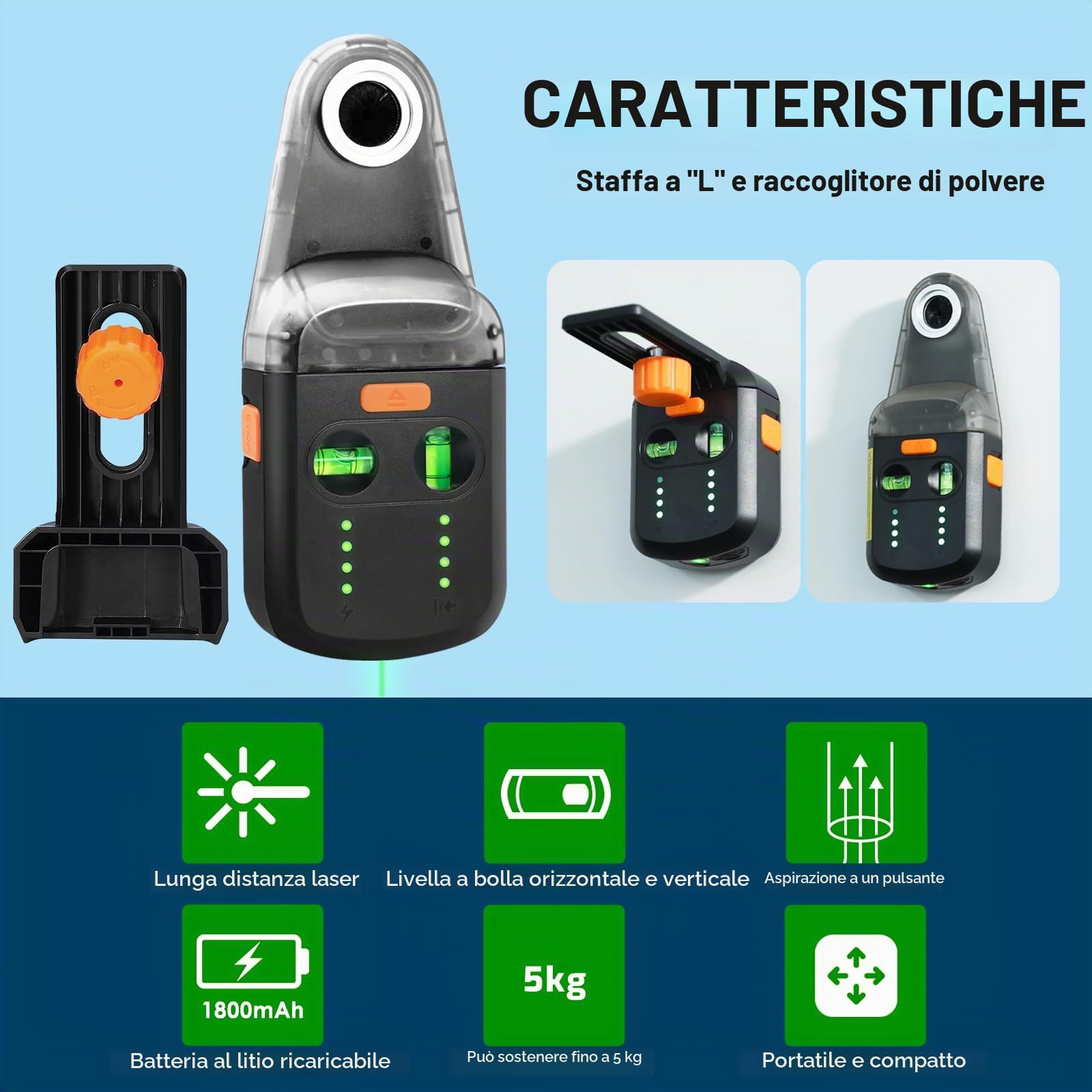 Aspirapolvere per Trapano Elettrico 3 in 1, Capacità di Carico 5KG, Supporto a Parete con Livella, Laser Verde da 2 Metri, Grado di Protezione IP54, per Falegnameria e Costruzioni Edilizie