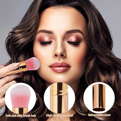 Miniatura 7 de Cepillo retráctil para colorete con tapa, paquete de 2 brochas de maquillaje Kabuki bronceador de viaje, cepillo de maquillaje líquido para base de
