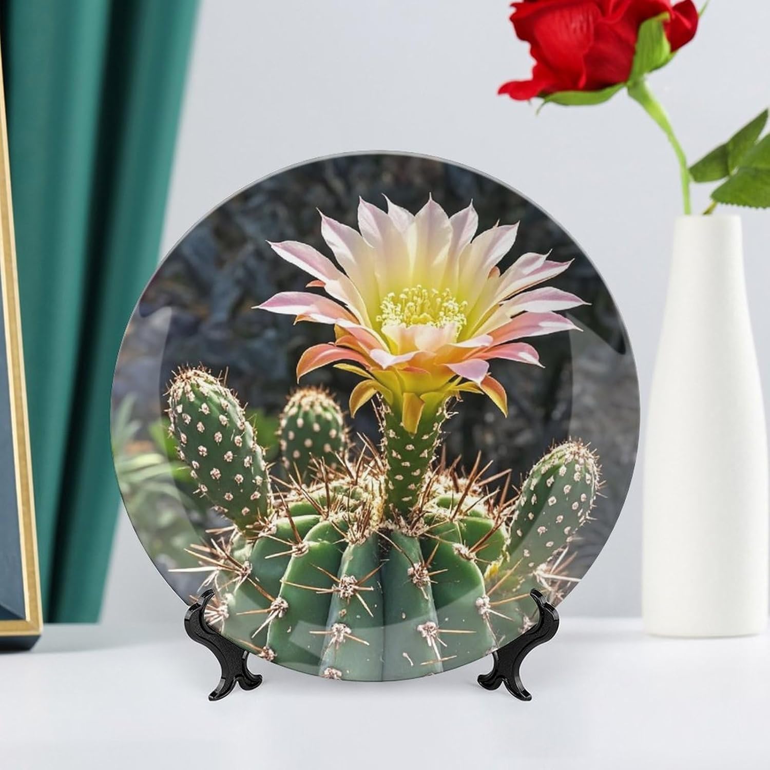 Cactus Flower Decorative Ceramic Plate Round Porcelain Plate Decor Personalized Bone China Decorative Plates Ceramic Ornaments Dessert Plates with Display Stand 10inch