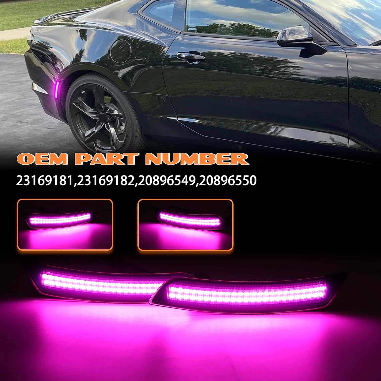 Dynamic Front Rear Bumper Side Marker Lights Compatible with Chevy Camaro 2016-2023, Dual Rows LED Fender Sidemarker Lamps, Reflectors Pink Purple Smoked Lens 4PCS
