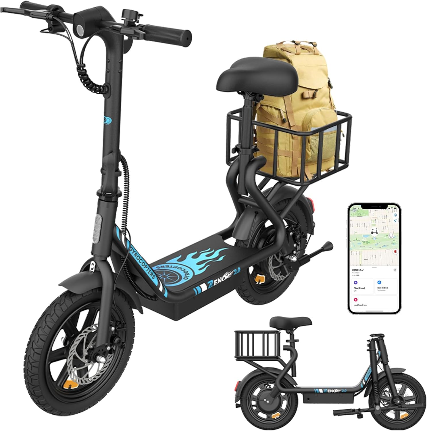 Gyrocopters Zeno2.0 Electric Scooter with basket and GPS tracker