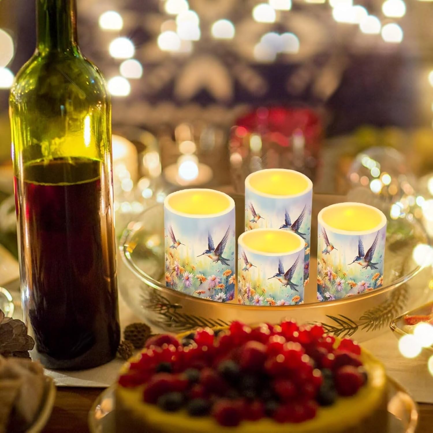 Merkmak 5.7" x 3" Battery Operated Candles with Timer 4Pcs Flameless LED Candles Bulk with Remote for Outdoor Porch Electric Fake Plastic Pillar Lights Bulk, Hummingbird Flower