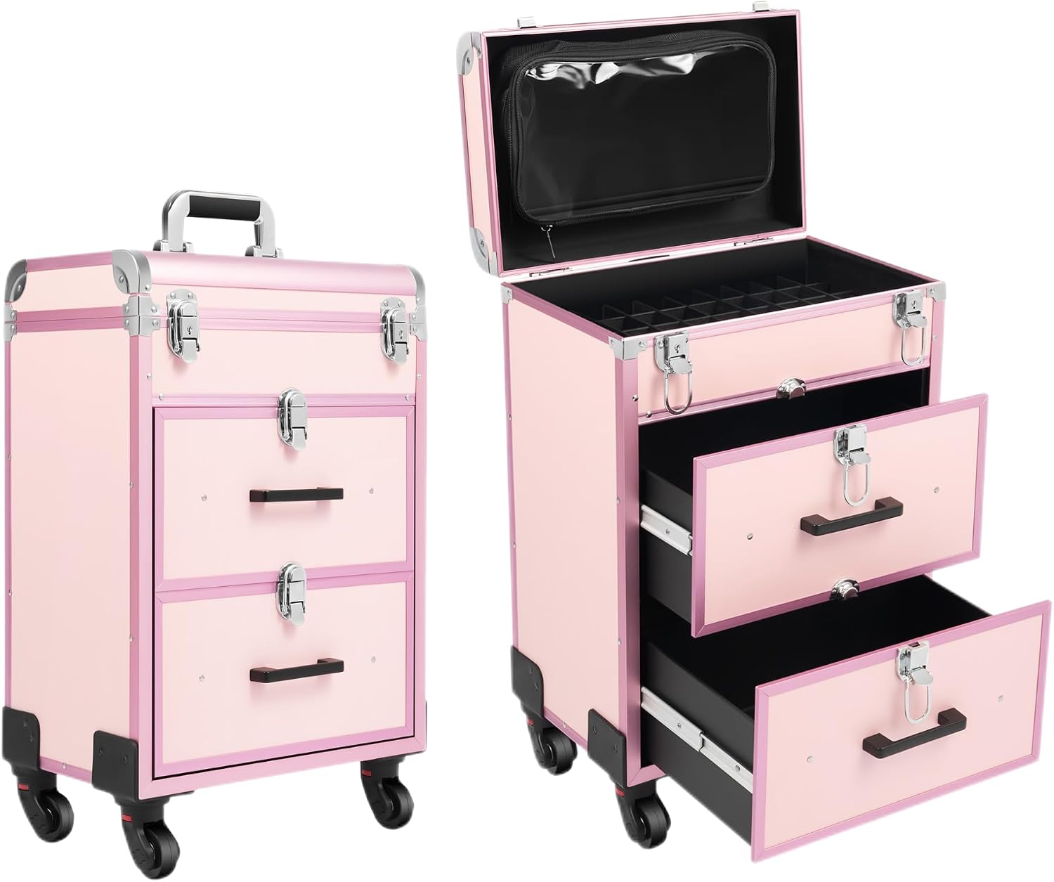 PIAOYUE- Rolling Makeup Train Case Storage Cosmetic Trolley, Train Case with 50 Compartments, 2 Drawers & Wheels, Swivel Wheels Salon Barber Case Traveling Cart Trunk (Pink)