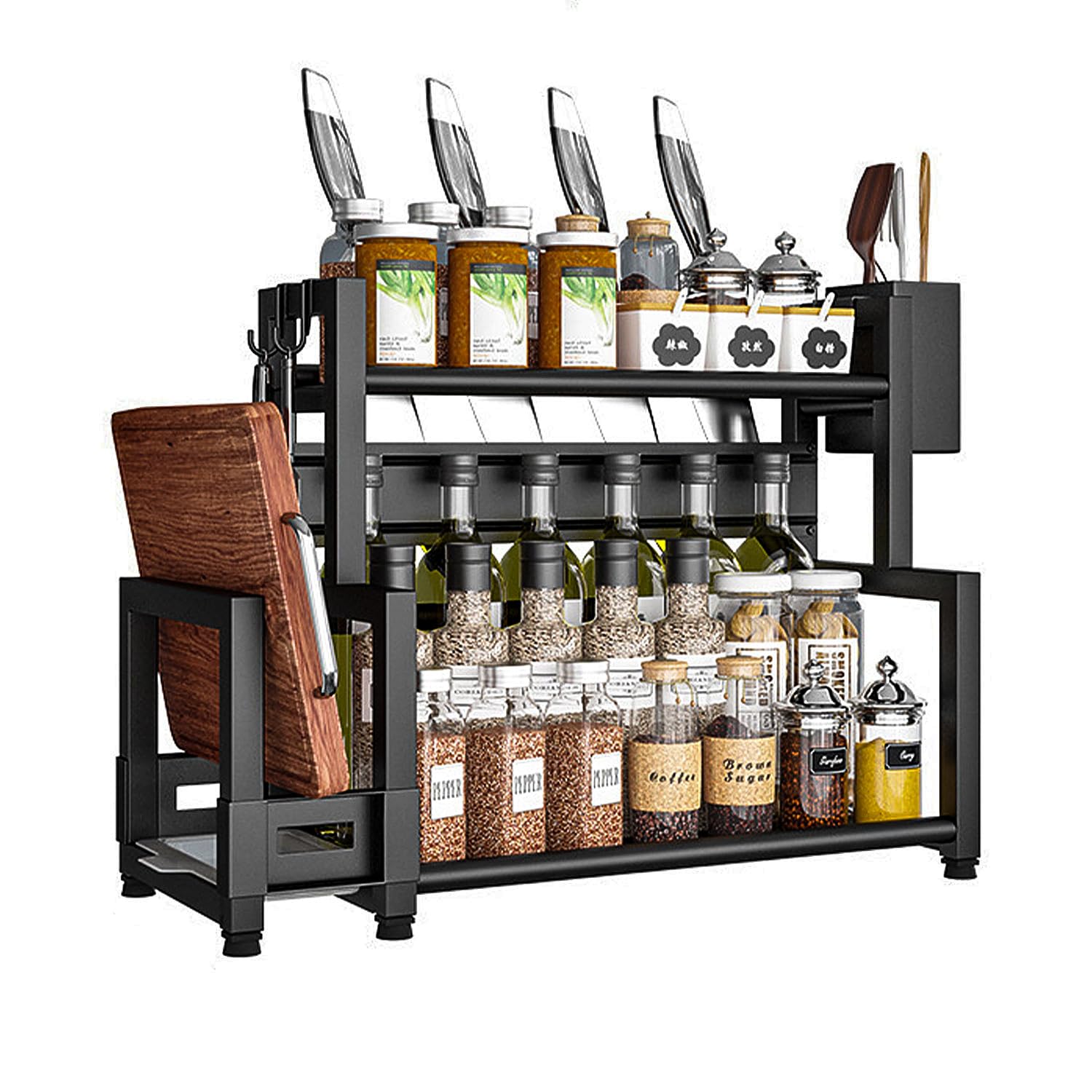 Spice Rack Standing 2 Tiers Large Capacity Storage Kitchen Shelf, Metal Rustproof Organiser for Worktop Storage with Utensil Holder, Chopping Board Holder, with 6 Hooks, Black