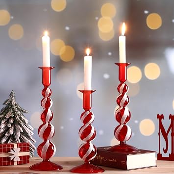 Mumufy 3 Pcs Red White Glass Candlestick Holders Christmas Ball Glass Decor