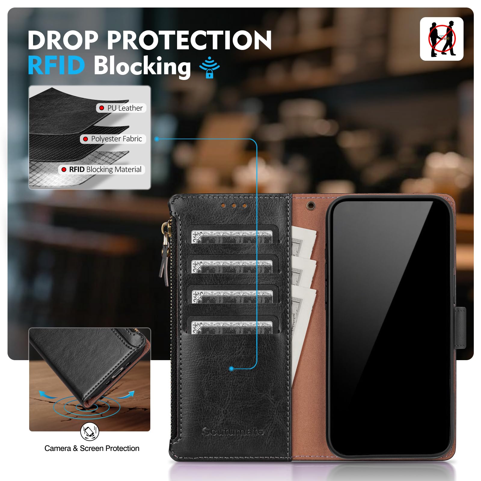 Custodia a portafoglio compatibile con Phone 17 Pro Max, con porta carte di credito, blocco RFID, cerniera, poket, in pelle PU, con cinturino da polso, slot per carte di credito, unisex, per