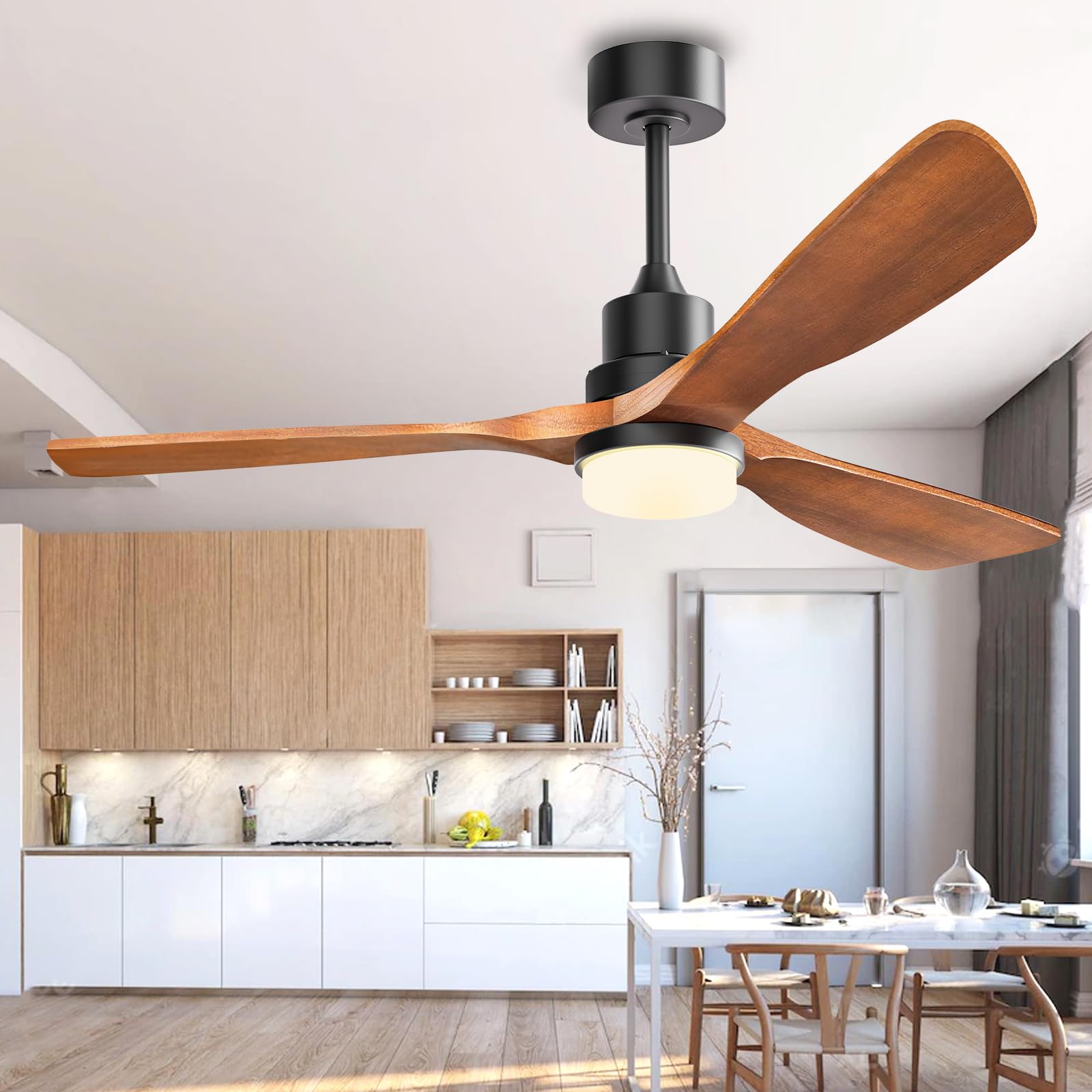 CEOTIS Ceiling Fans with Lights, 52" Wood Brushless Ceiling Fan, 3 Walnut Blades, 2 Downrods, Remote 6 Speeds, Winter Reversible DC Motor Ceiling Fan for Living Room,Bedroom