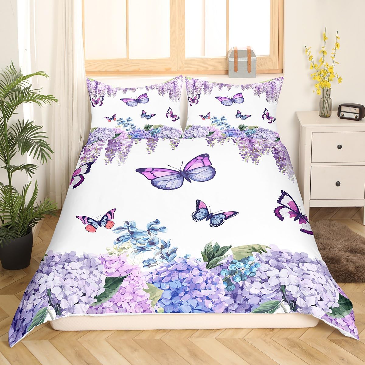 Richhome Multi 10 Purple Flowers King Size Duvet Cover For Teens Youth,Rustic Style Butterflies Comforter Cover With 2 Pillow Shams,Nature Theme Floral Bedding Set Ultra Soft Microfiber Breathable