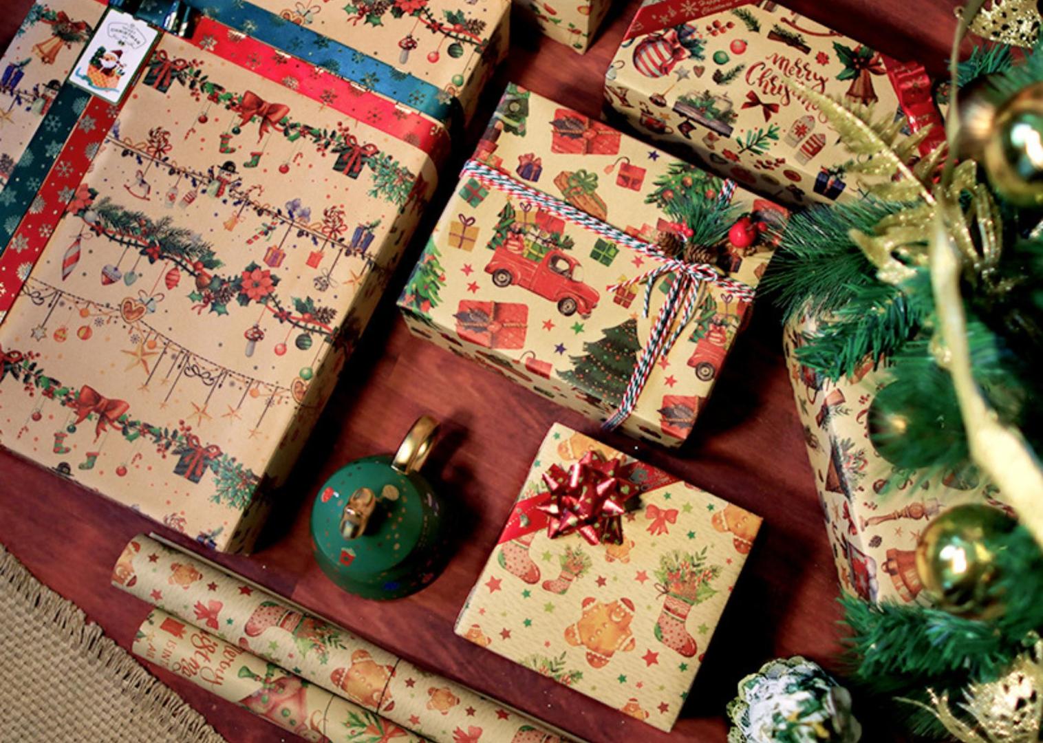 Papel De Regalo Navideño Vintage - 6 Diseños Con Etiquetas Y Cinta Adhesiva