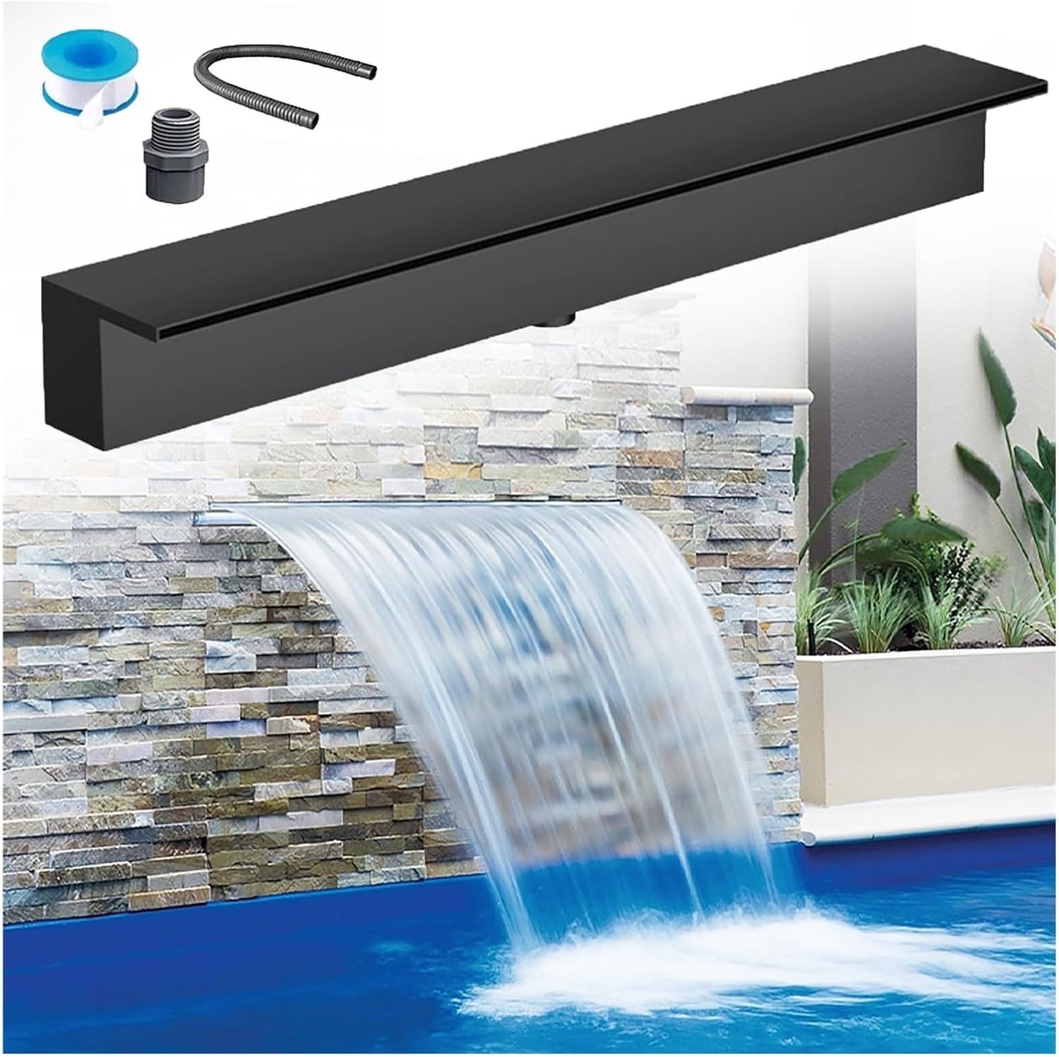 Stainless Steel Waterfall Spillway 12-72in for Garden, Pond, Pool & Patio - 26in Wide Water Spray Accessory, Embedded Mounting, Outdoor Fountain Decor