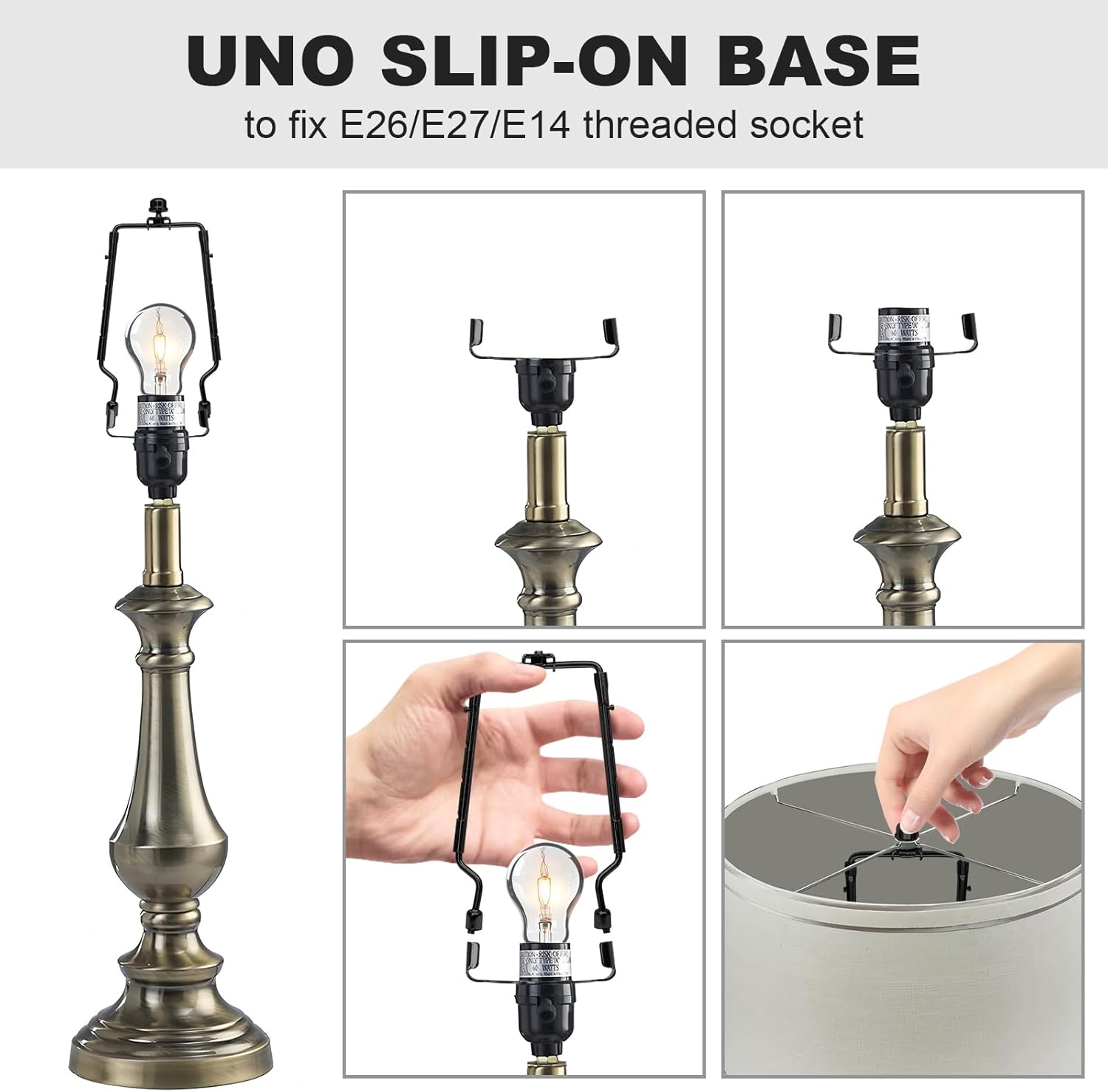 Jiozermi 7 8 9 10 inch Lamp Shade Harp Holder Adapter Kit, Adjustable Lamp Harp and Finial,Fit 3/8 inch Standard Saddle and E14 E26 E27 Light Base UNO Fitter Adapter Converter Finial Set(Black)