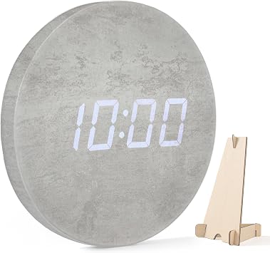Wireless Minimalist LED Digital Wall Clock Rechargeable | Desk Holder Included | 12/24 Hour, Night Mode, Silent Clock | Room Decor for Kitchen, Living Room, Bedroom, Office 9 in Gray Concrete