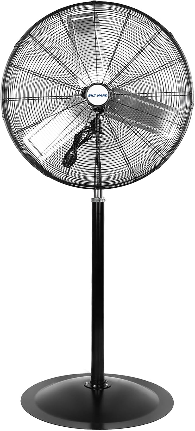 BILT HARD 6450 CFM 24" High Velocity Pedestal Oscillating Fan, 3-Speed Heavy Duty Industrial Standing Fan with Metal Aluminum Blades and Adjustable Height for Commercial, Shop, and Garage