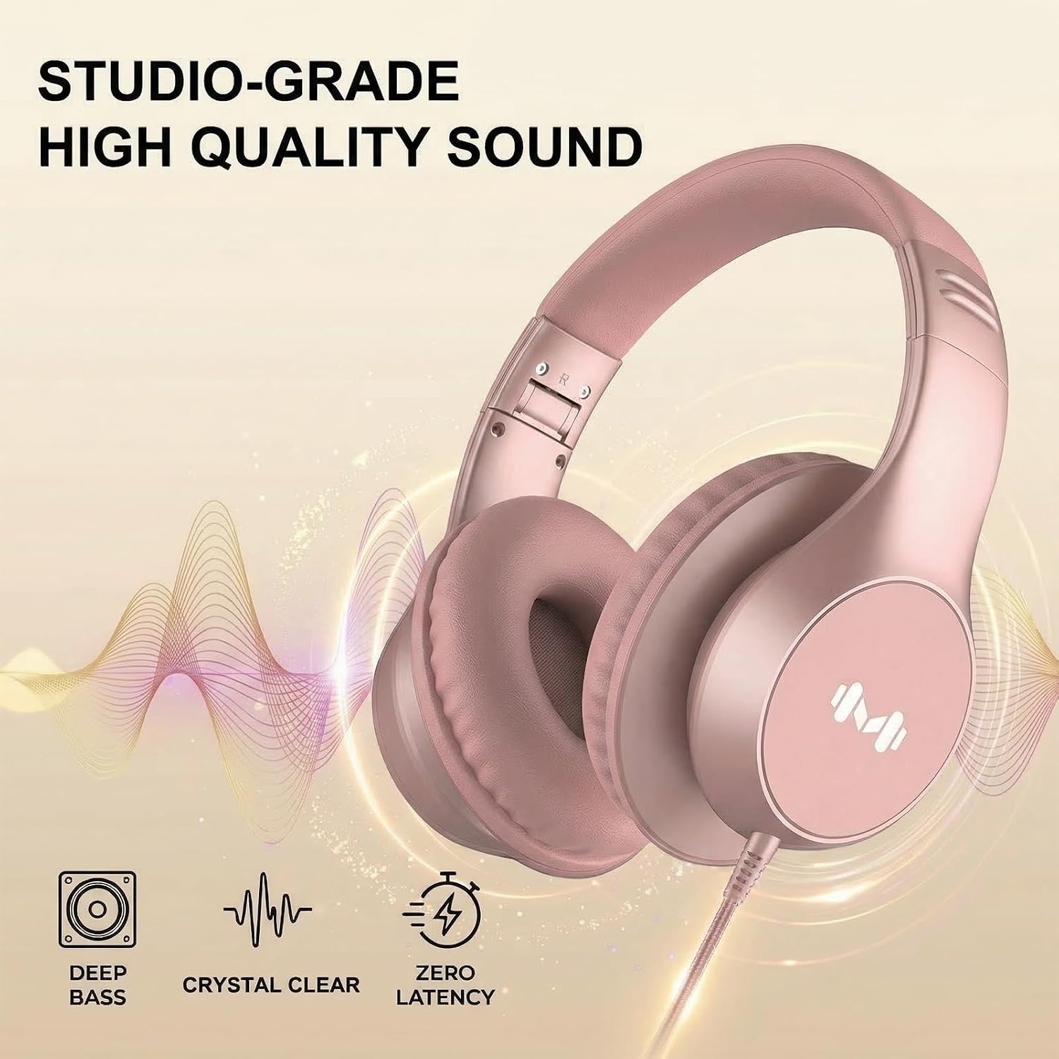 Wired Over-Ear Headphones, Mic, 3.5mm Jack, USB-C Adapter, Gold image 4