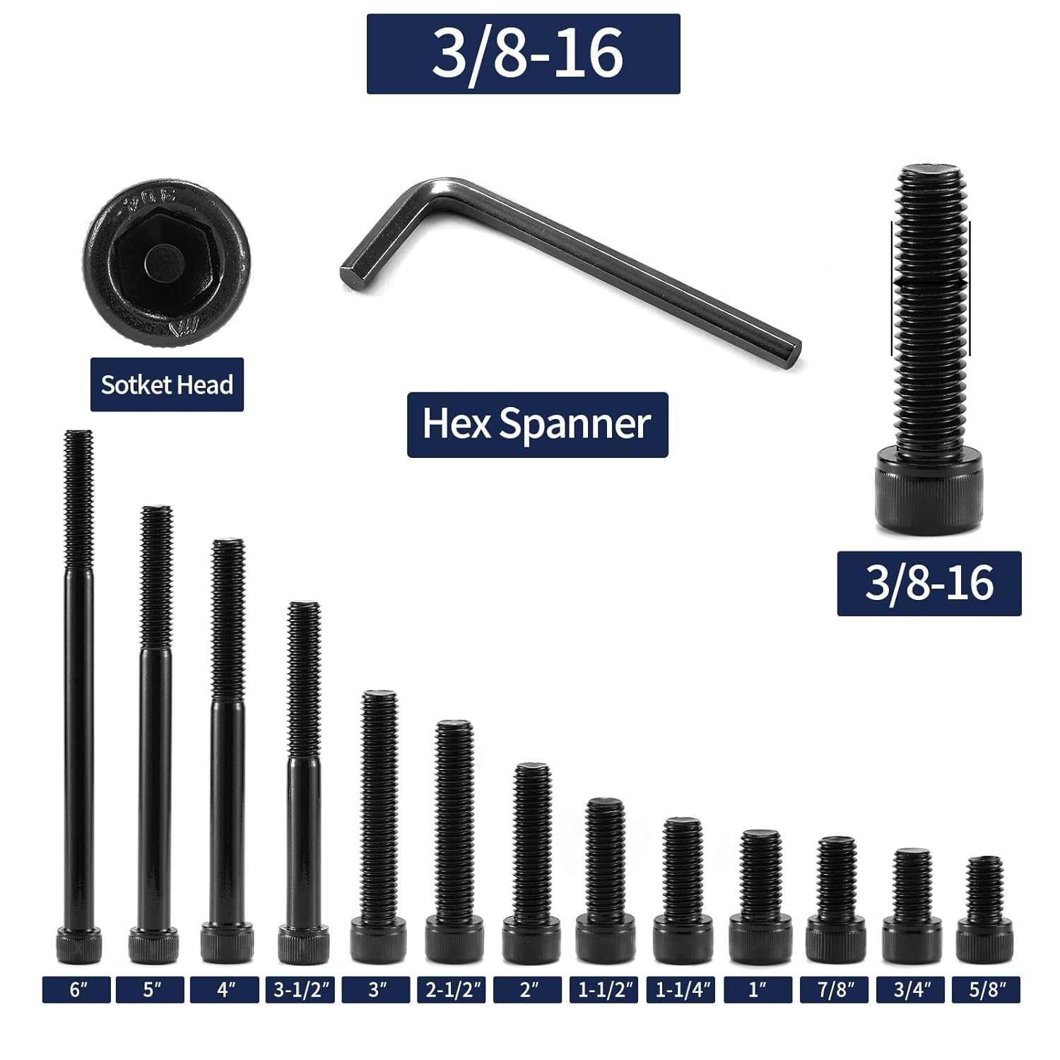 3/8-16 x 2-1/2" Socket Head Cap Screws Bolts, 20Pcs 304 Stainless Steel 18-8, Allen Socket Hex Drive, Full Thread, Black Oxide by SG TZH(with Hex Spanner)