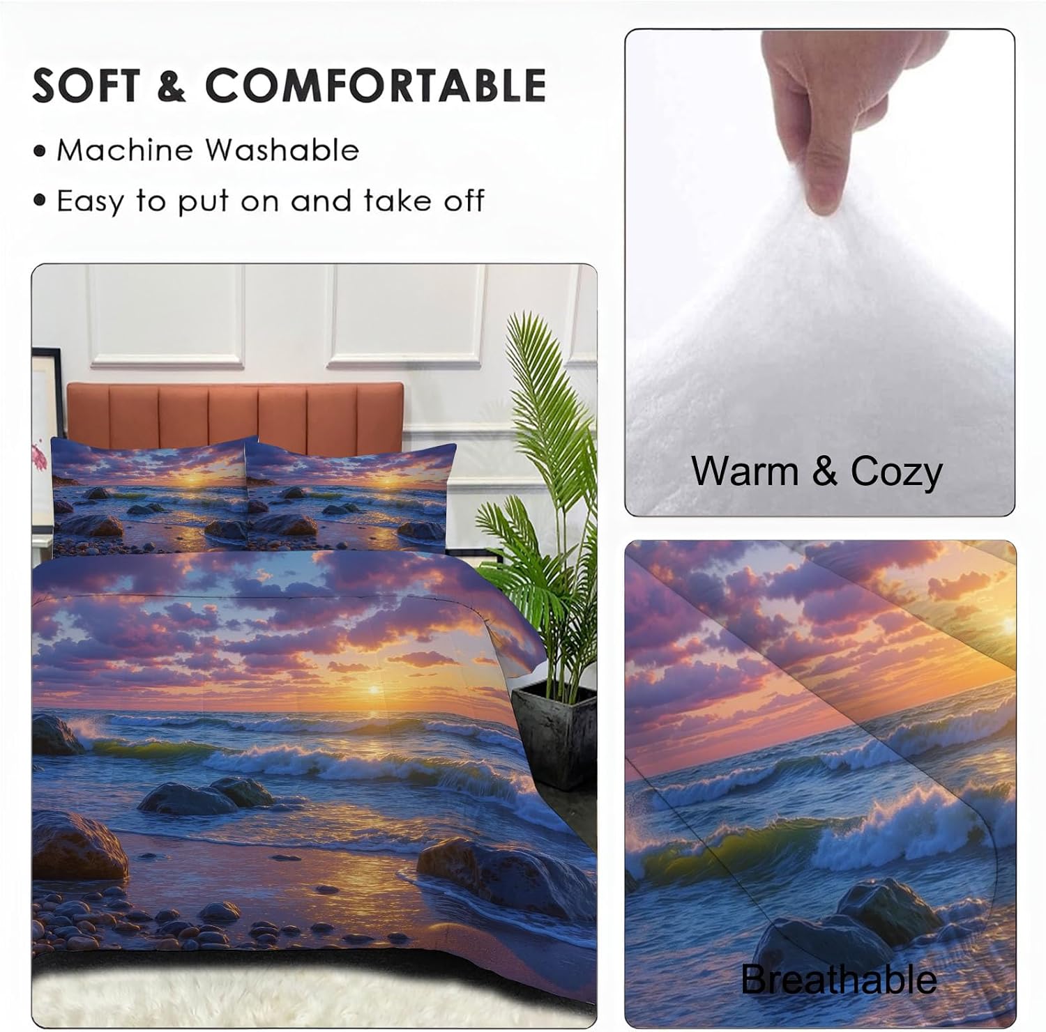 Natural Scenery Comforter Set King Size, Sunset Beach Bedding Set for Girls Boys, Purple Quilt Bed 104"X90" Bedding Comforter Sets with 2 Pillowcase Room Decor