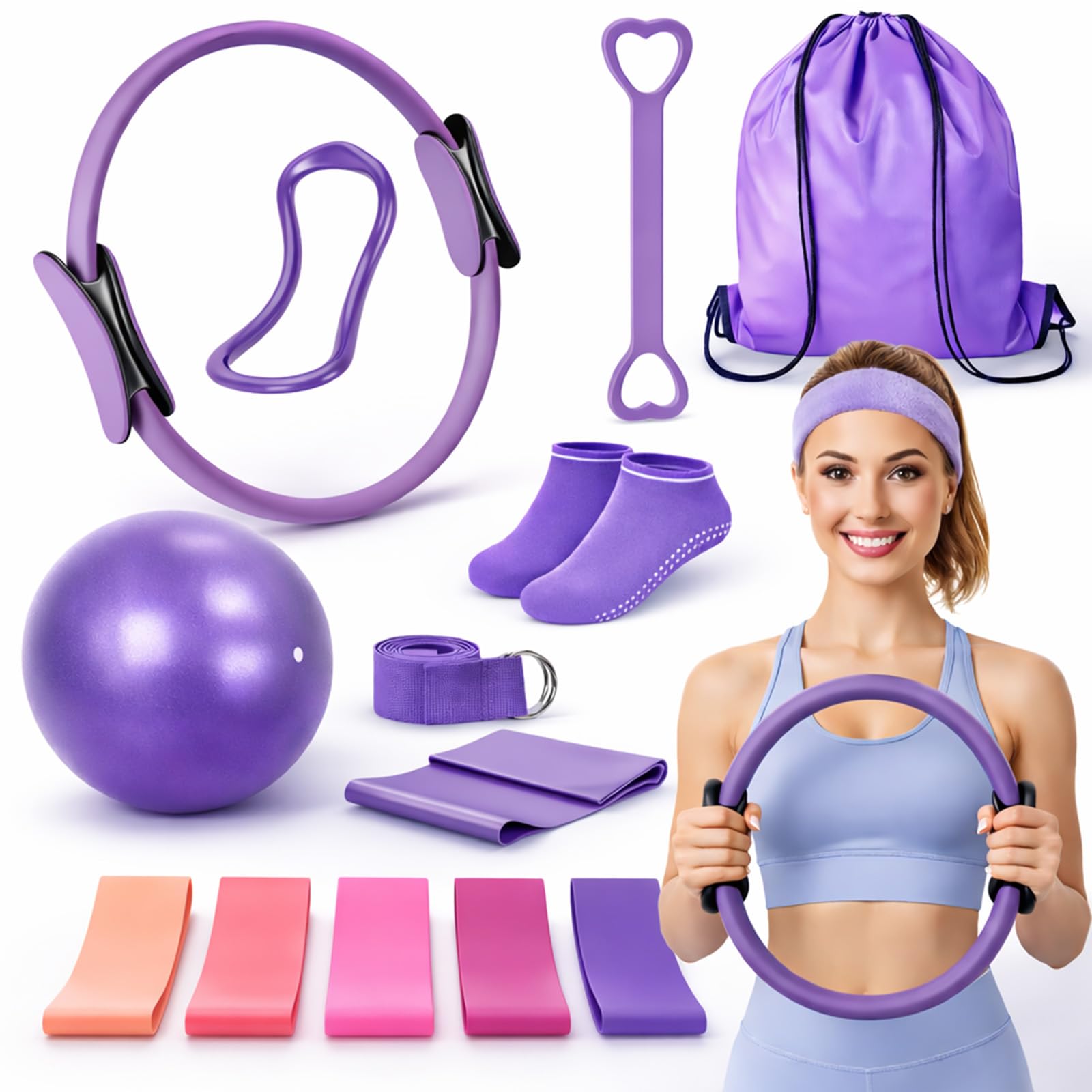 BYTUNE 13 Piece Pilates Equipment Set, Pilates Ring Set with Resistance Bands and Yoga Strap, Home Pilates Kit for Women, At Home Pilates Workout