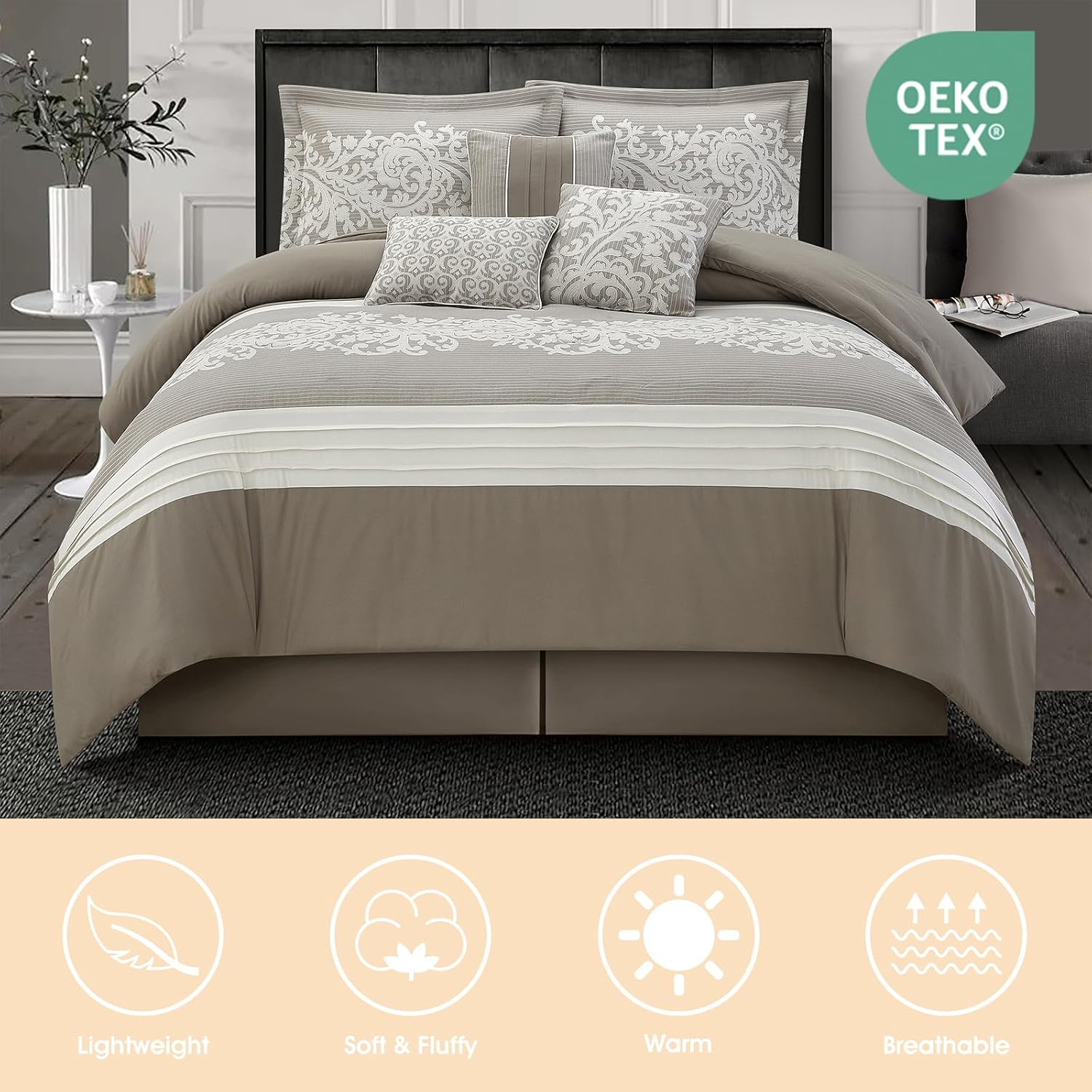 Taupe Comforter Set, California King, Damask Jacquard with Matching Solid Piece Work, 7 Piece Soft Bedding Set for All Season, Bed Skirt, Pillow Shams and Decorative Pillows - Image 2