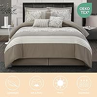 Vista 2 de Taupe Comforter Set, King, Damask Jacquard with Matching Solid Piece Work, 7 Piece Soft Bedding Set for All Season, Bed Skirt, Pillow Shams and