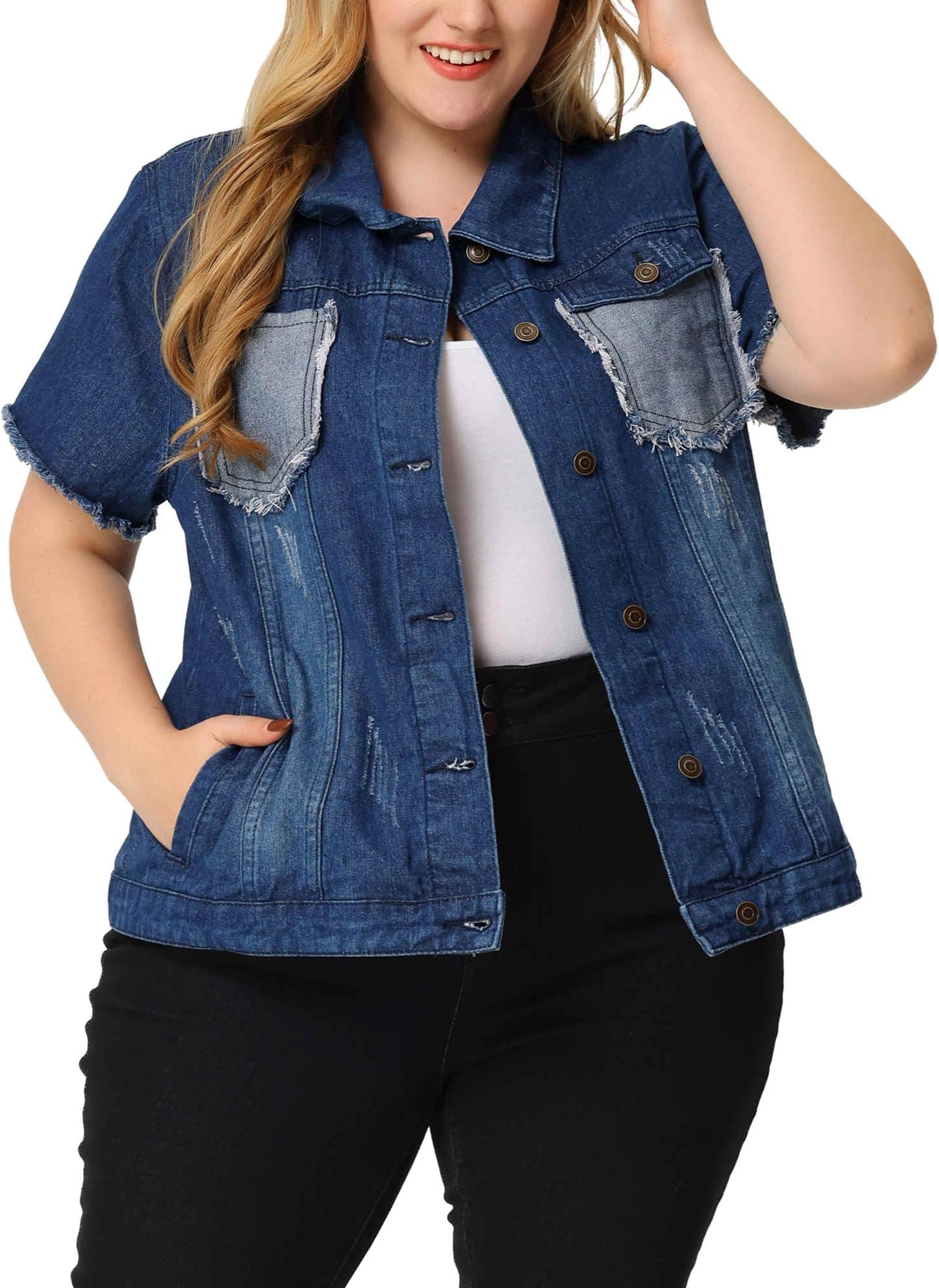 Plus Size Women's Denim Jackets Button Washed Frayed Jean Short Denim Jacket 2024 Summer