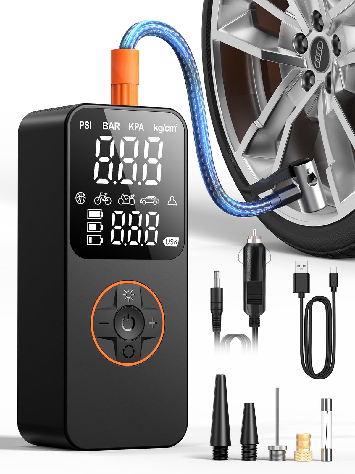 Compresseur à Air Portatif 160PSI, Gonfleur Pneus Voiture Sans Fil avec Batterie 6000mAh et Grand Écran Digital, Auto-Arrêt, Lampe LED Pompe à Air Électrique pour Voiture, Moto, Vélo, Ballon, Balles