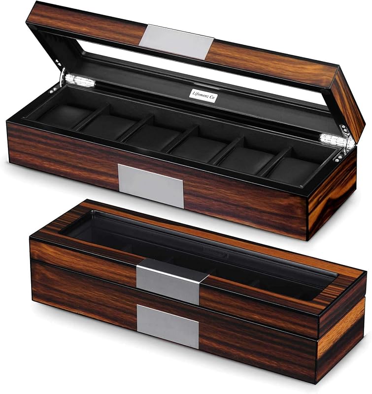 Lifomenz Co Men's Watch Box Organizer - 6 Slot Large Wooden Watch Storage Case with Glass Top Display - Ebony