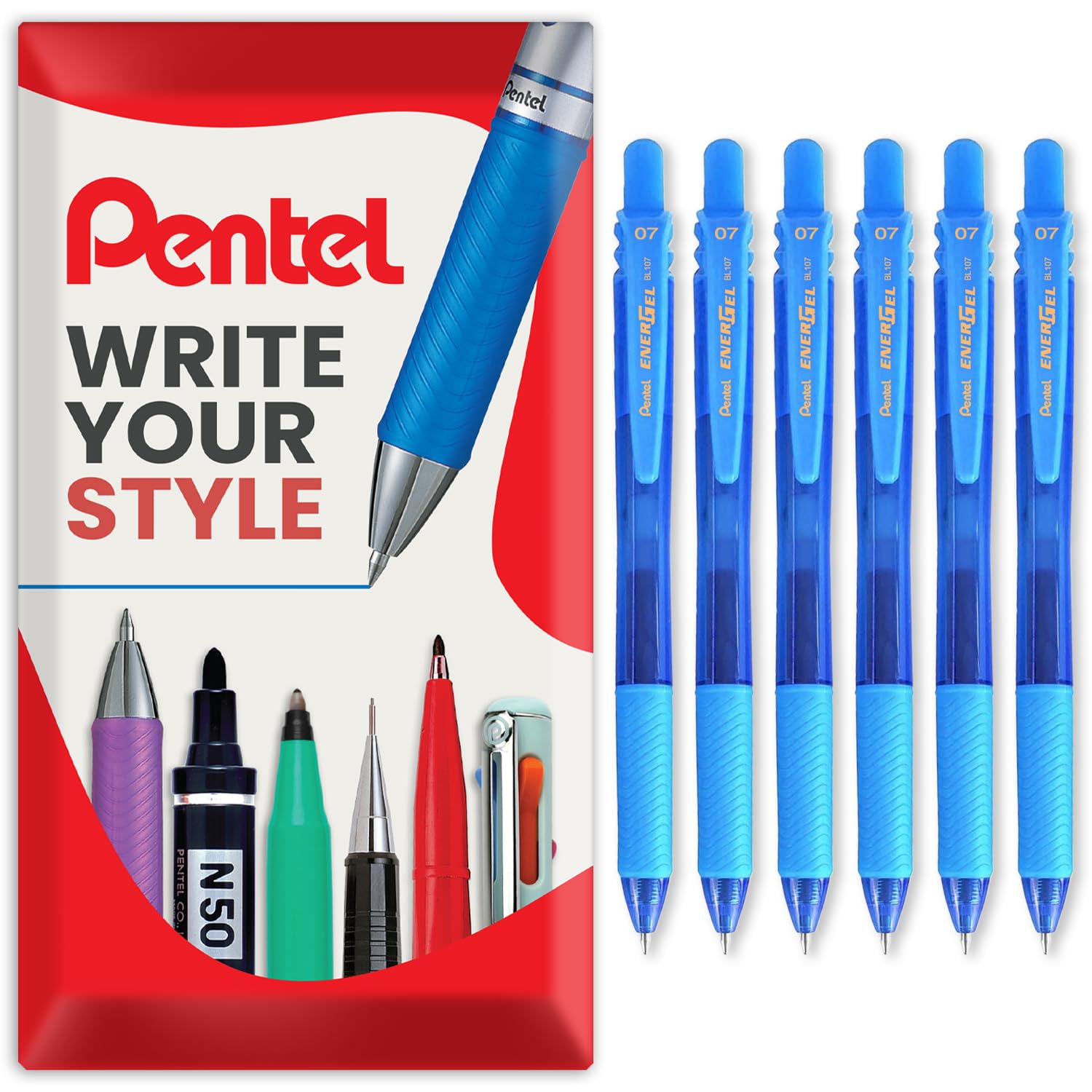 Pentel Energel X BL107 Retractable Gel Rollerball Pens - 0.7mm Nib - Pack of 6 in Envelope Gift Packaging (Sky Blue)