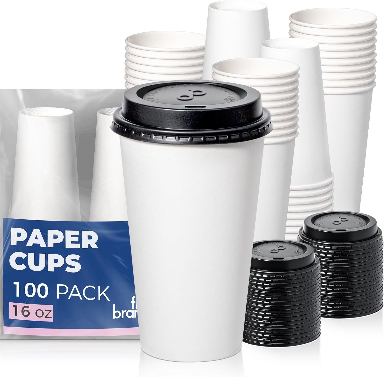 100 Pack 16 oz Disposable Coffee Cups with Lids, Premium To Go Paper Cups, Leak Proof Hot Coffee Cups with Lids for Travel, Office, Hot/Cold Beverages (Black Lids)