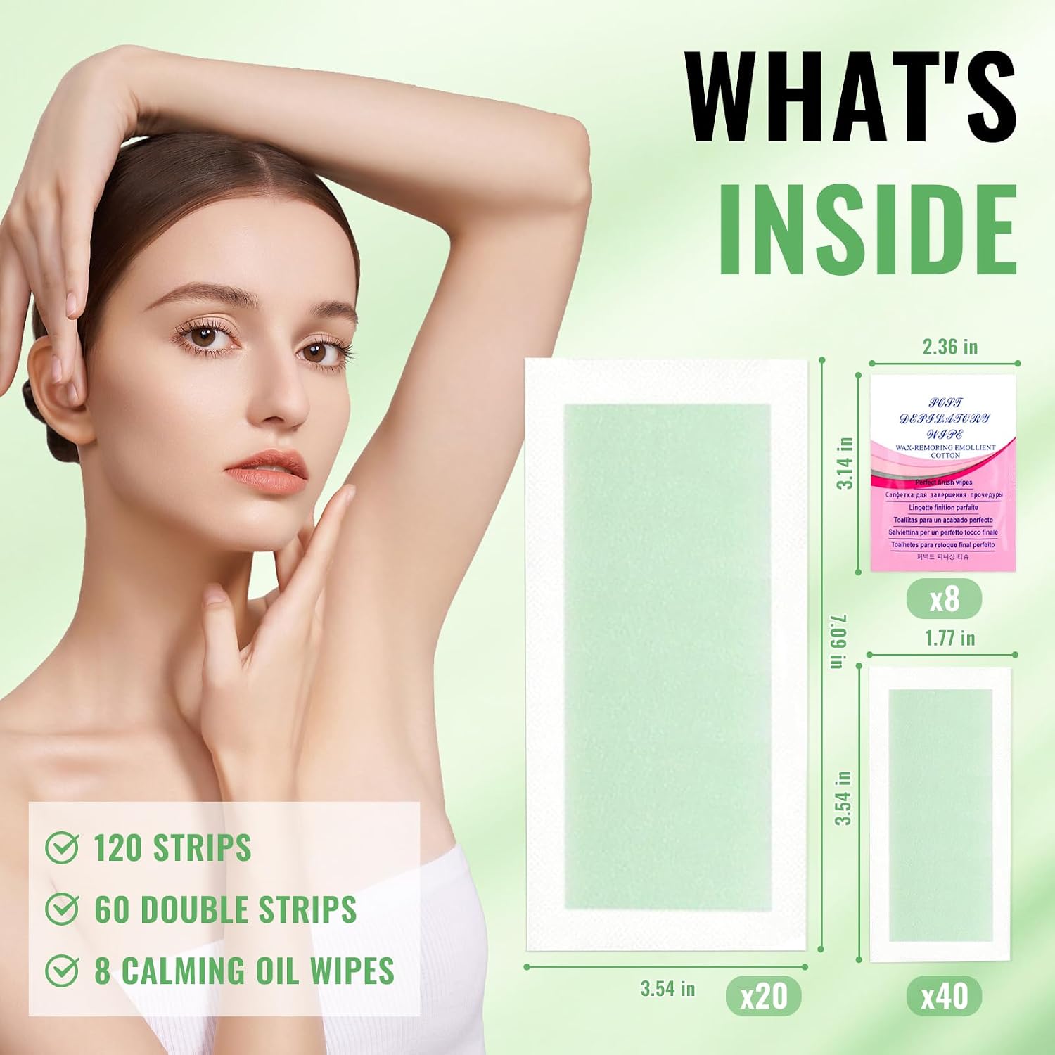Wax Strips for Body Hair Removal 120 Count 2 Sizes 8 Soothing Oil Wipes Dual Sides Bikini Brazilian Waxing Strips Ready to Use for Face Arms Legs Underarm Back for Women Men All Skin Types Aloe Scent