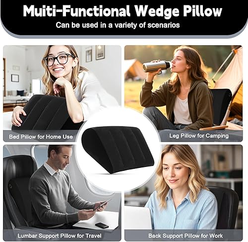 Miniatura 2 de Almohada inflable de cuña para viajar y dormir: cojín de cuña portátil con máscara de ojos de seda para elevación de piernas, soporte de espalda