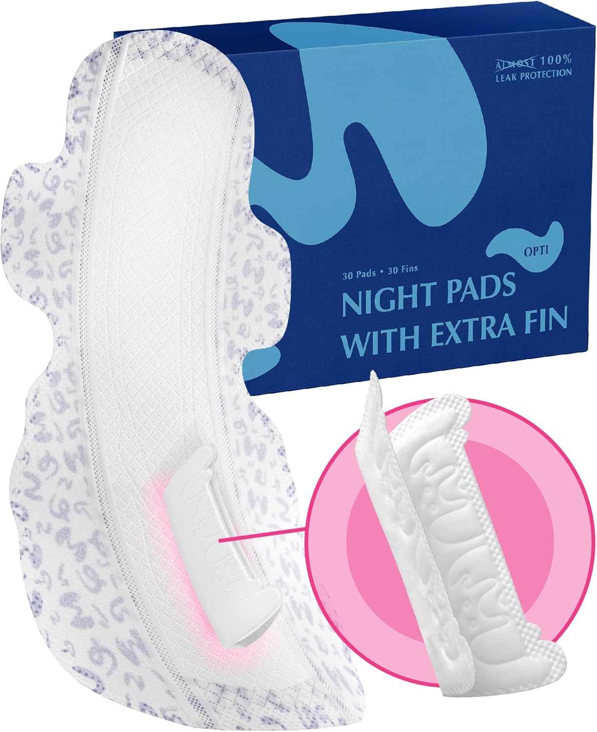 Overnight Pads with Wings – Size 4 (Opti Pad) – Ultimate Leak-Free Protection with Absorbent FIN Technology – 30 Sanitary Napkins with pH-Balanced Wipes – Sanitary Pads for Women & Teens